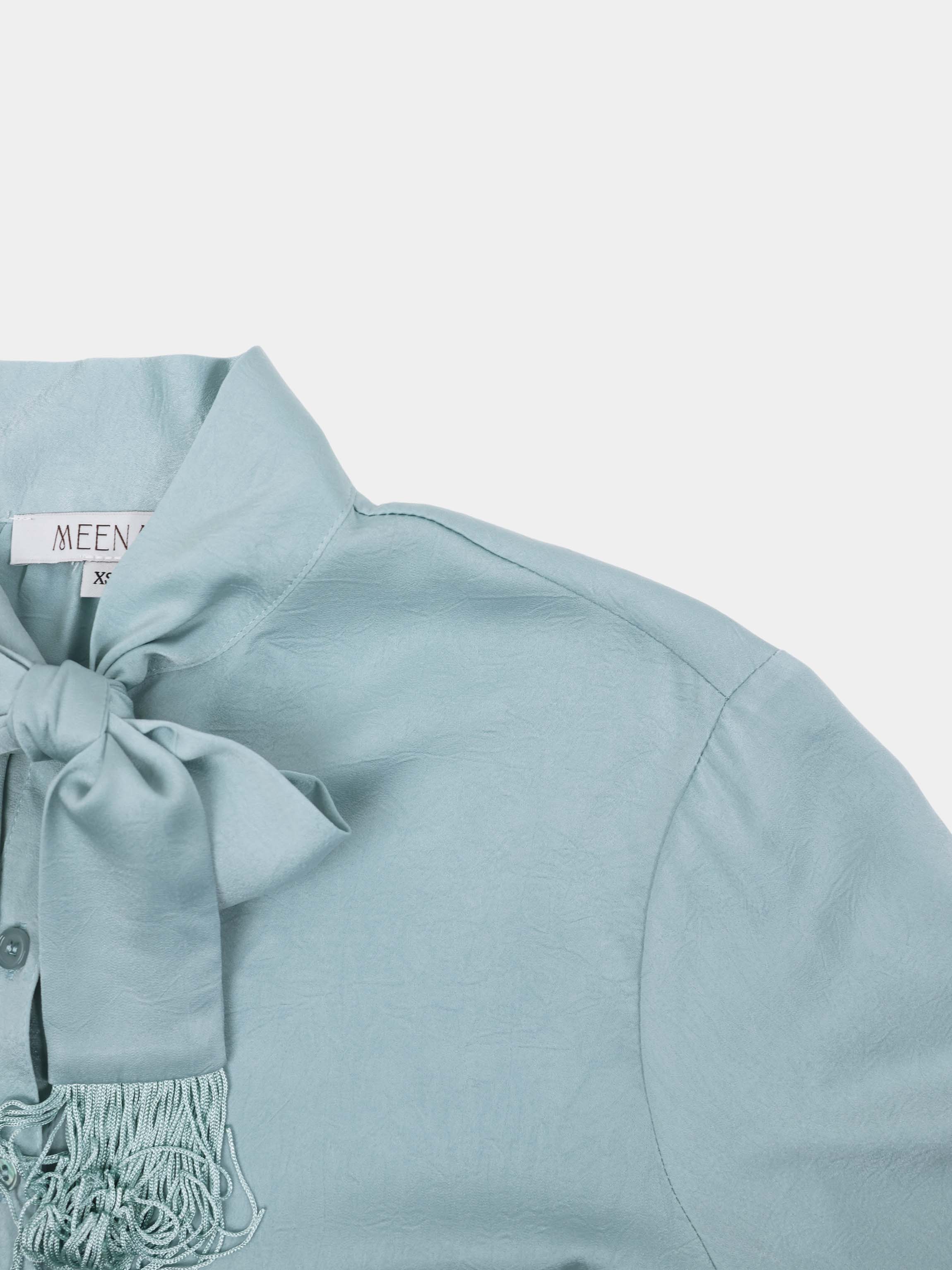 Fringe Bow Blouse-Light Blue