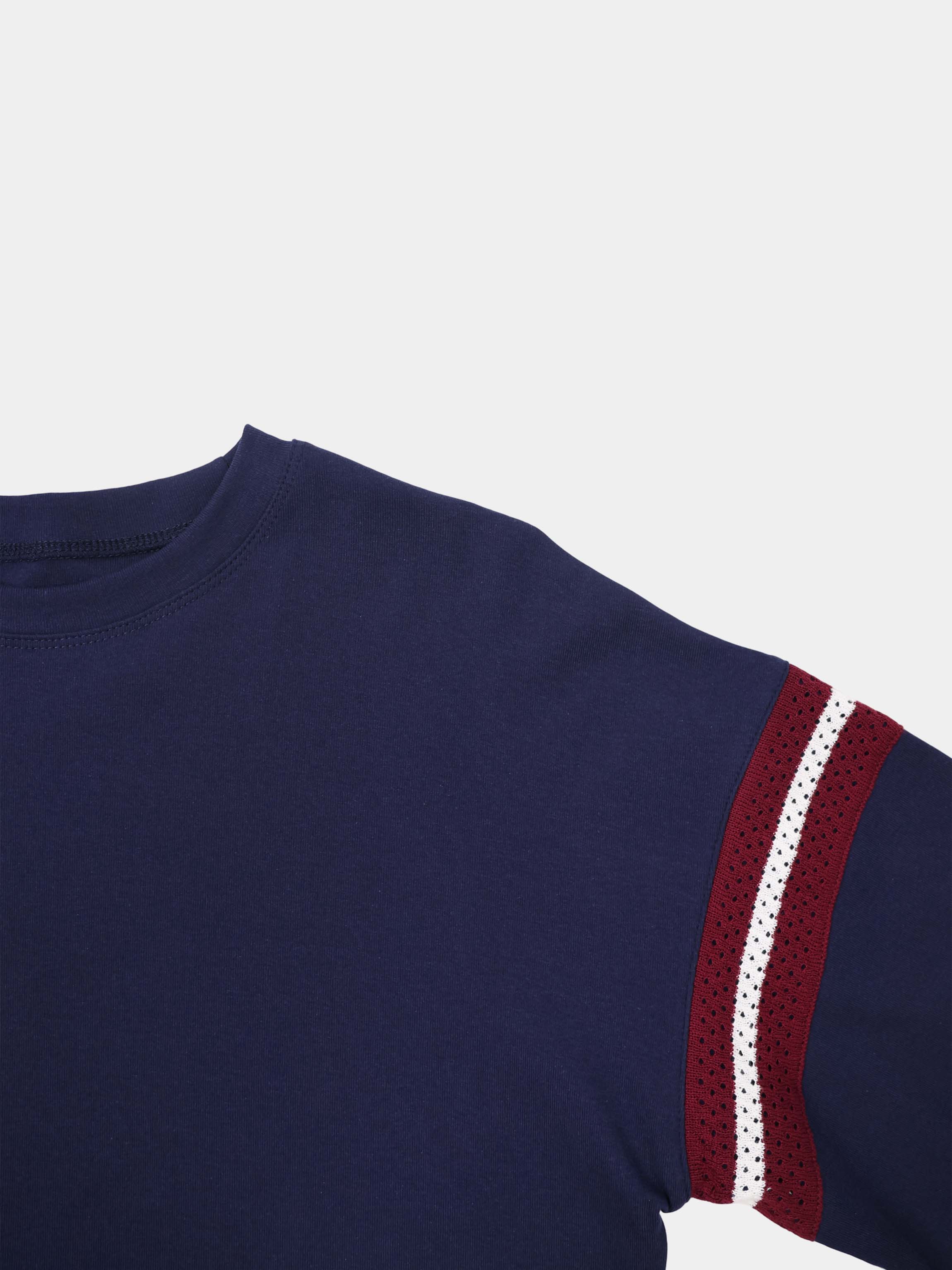 Crochet Stripe Boxy Tee-Blue/Burgundy/White