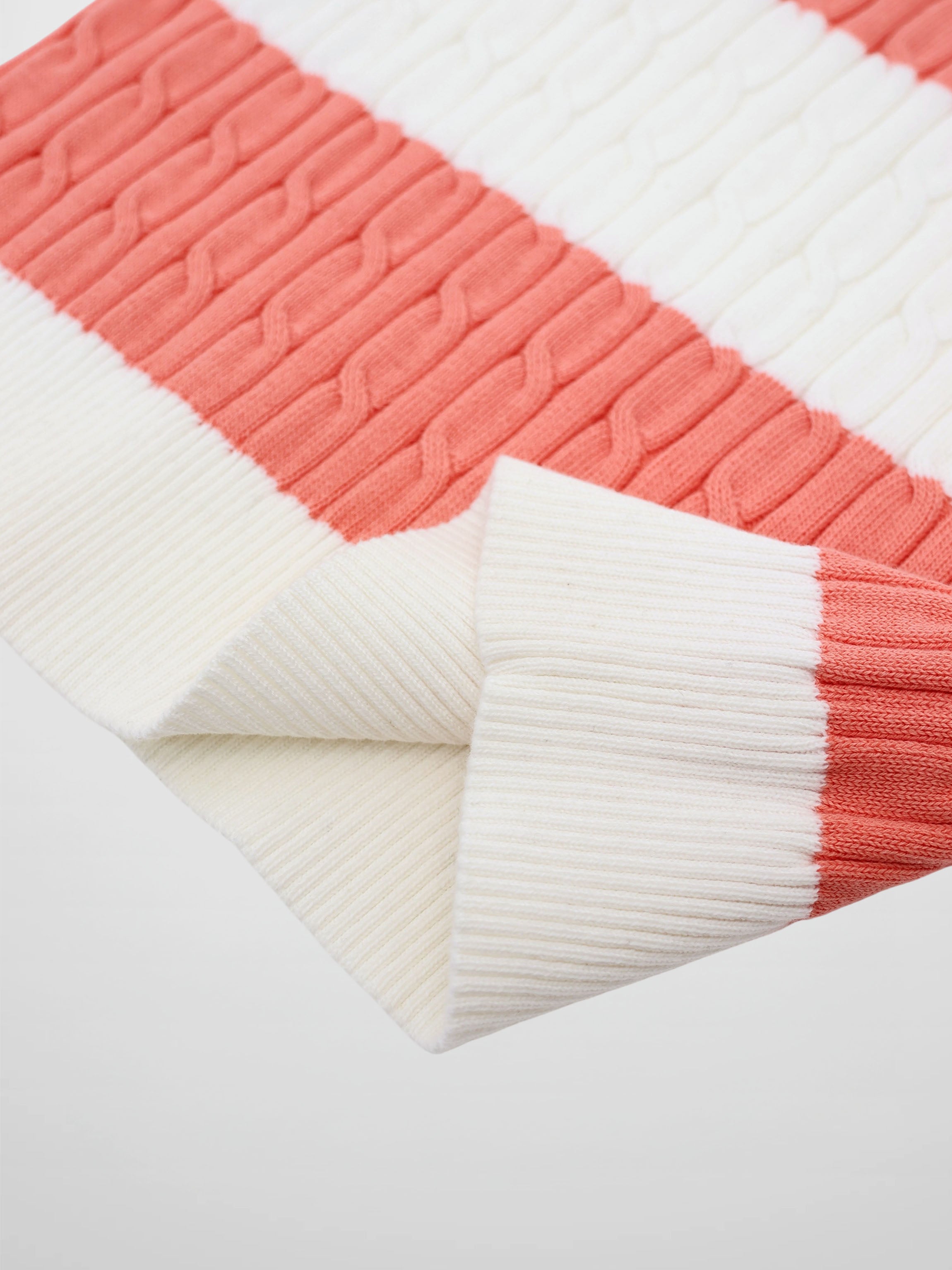 Striped Cable Sweater-Coral/White