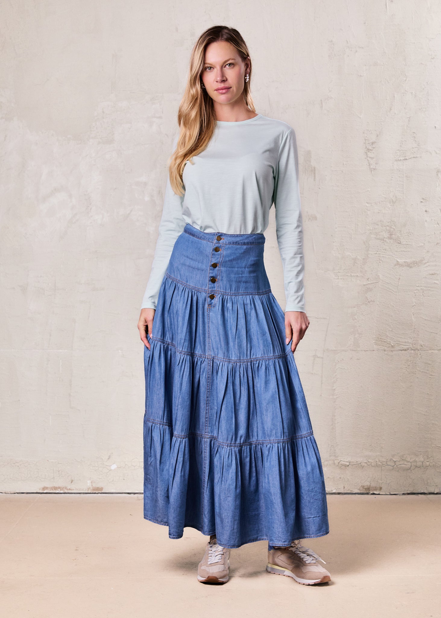 Button Prairie Denim Skirt-Blue