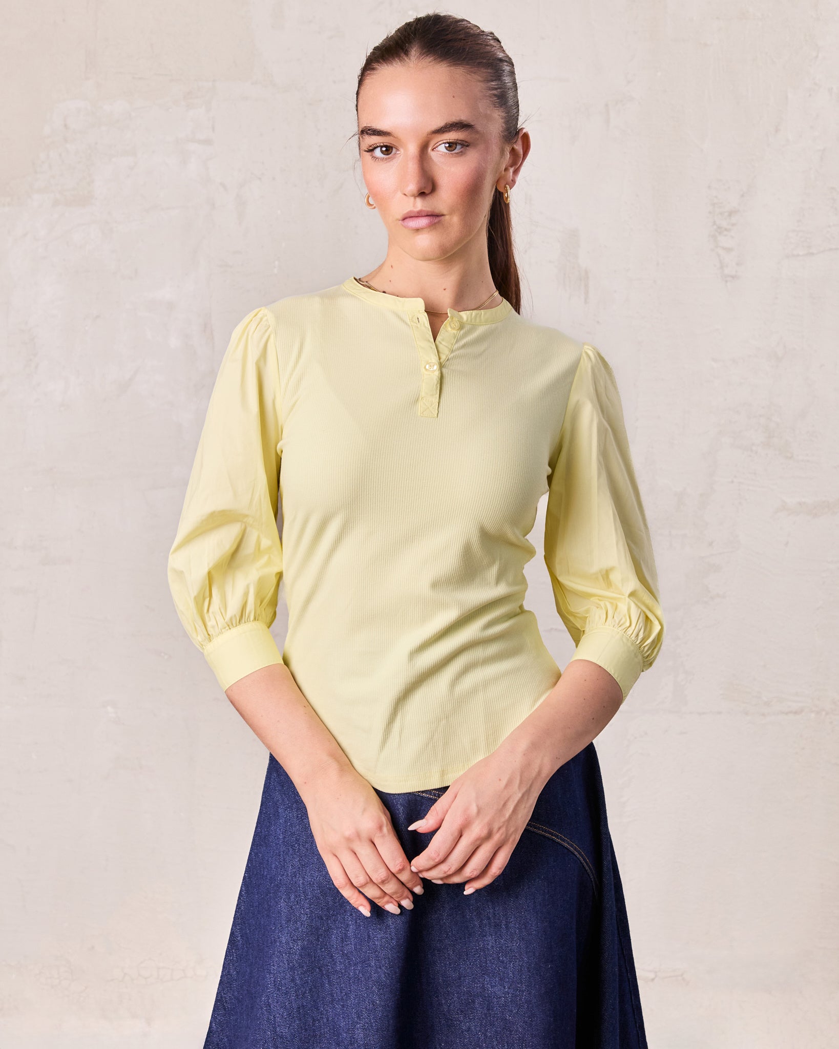 Puff Sleeve Ribbed T-Shirt-Pale Yellow