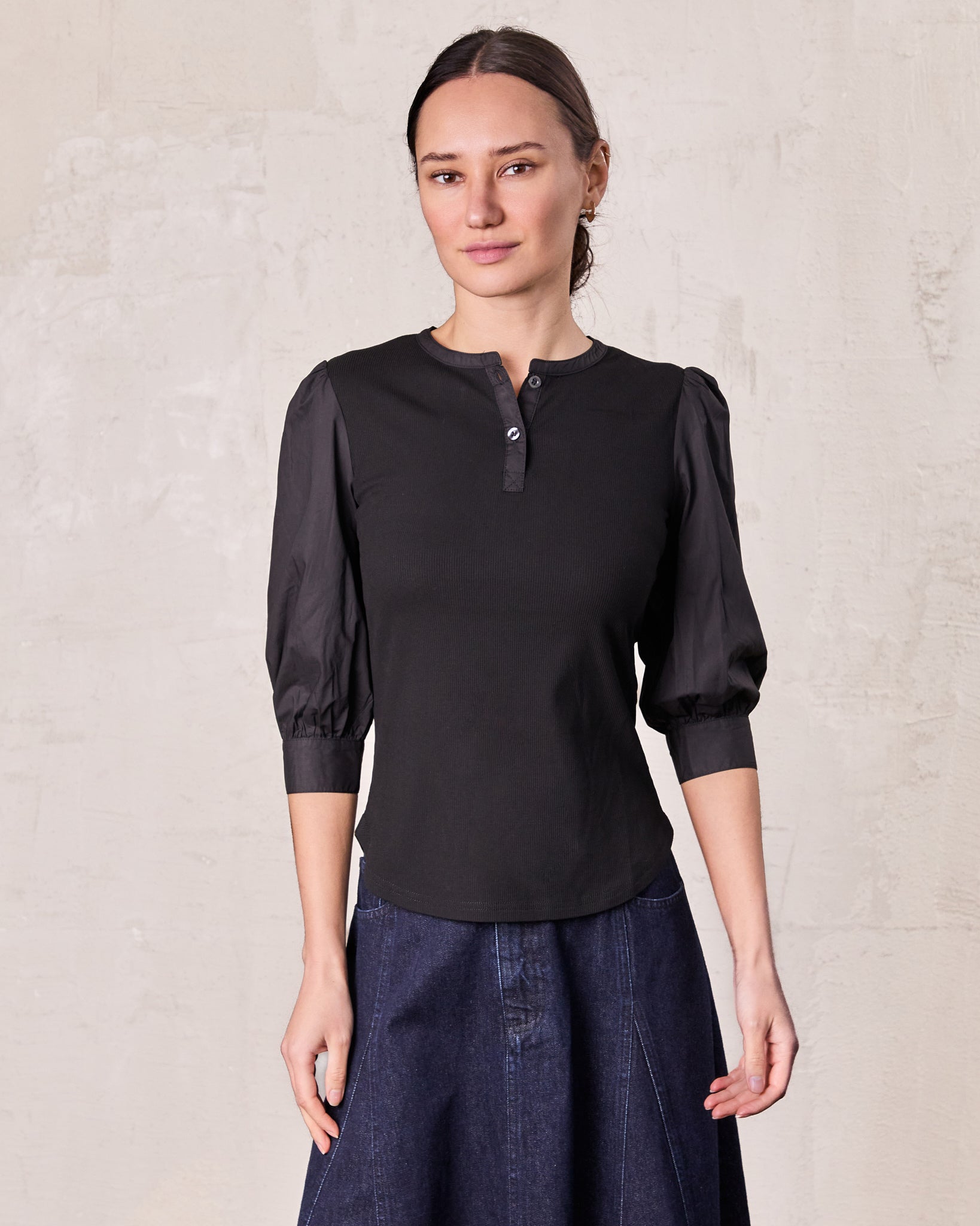 Puff Sleeve Ribbed T-Shirt-Black