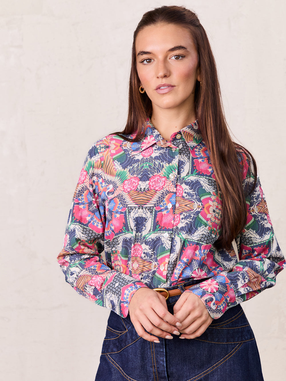 Printed Crinkle Button Down Blouse-Mosaic