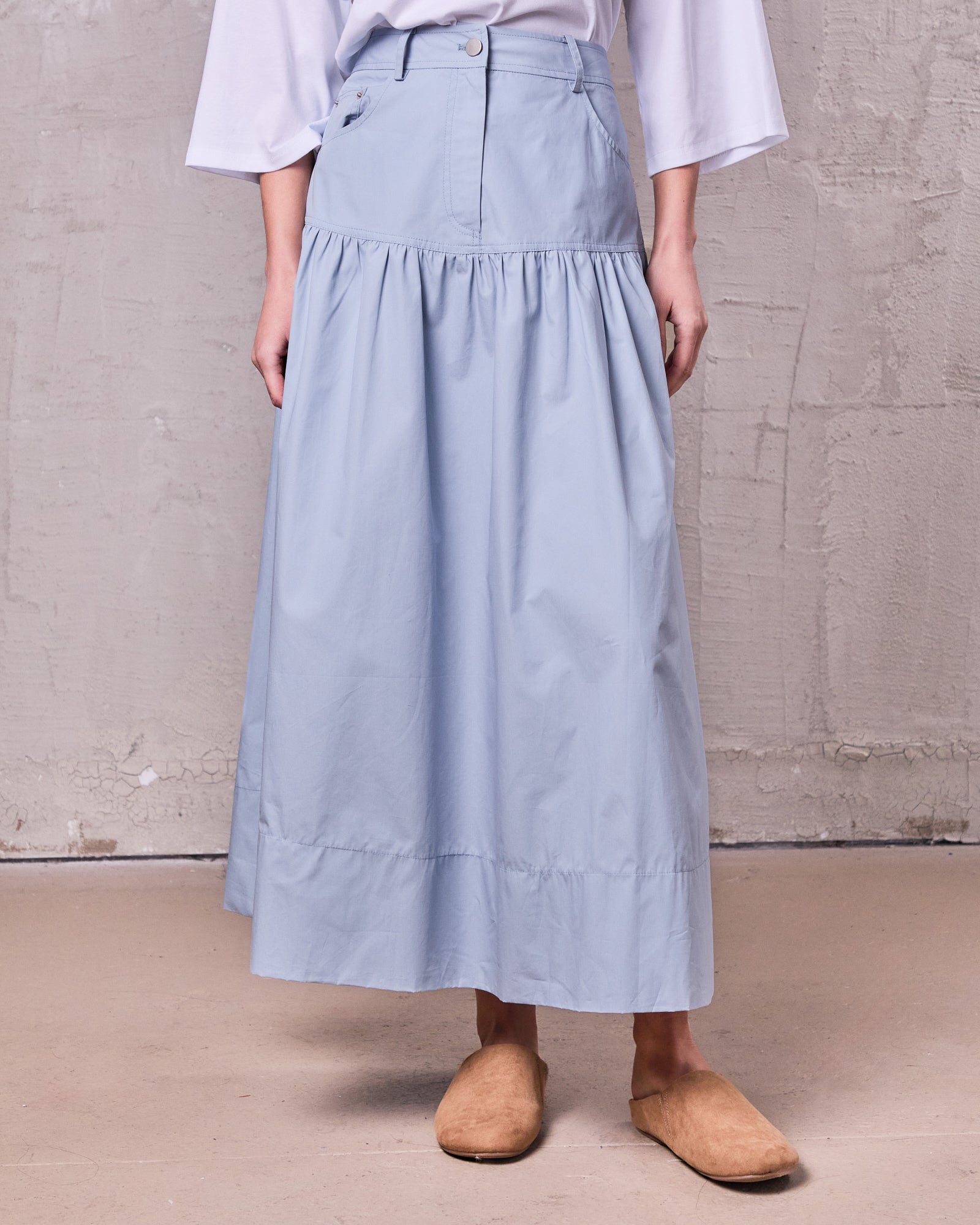 Gathered Drop Waist Yoke Skirt-Light Blue