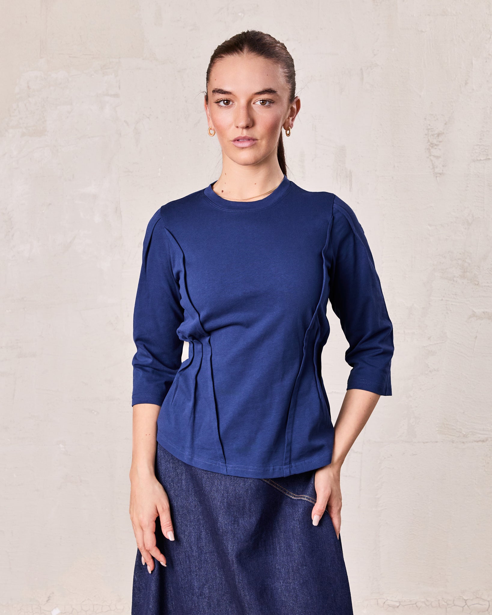 Pleat Seam T-shirt-Denim Blue