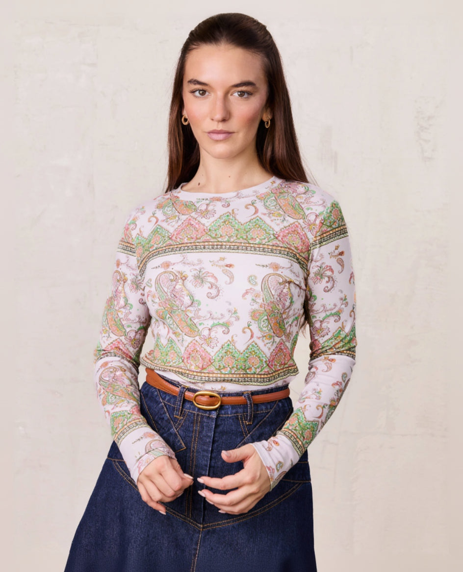 Basic Printed T-shirt-Pink Green Paisley