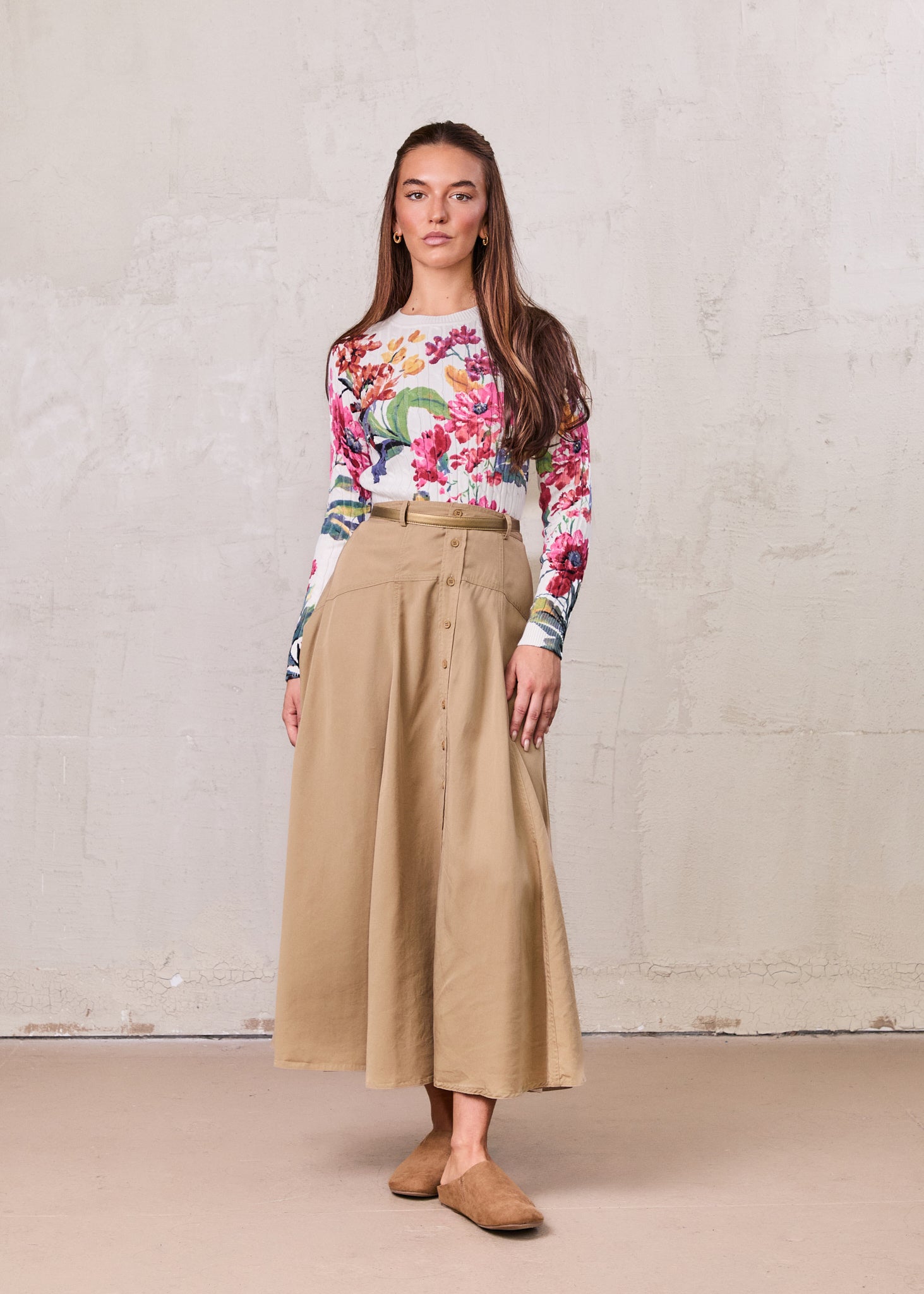 Tencel Yoke Button Down Skirt-Tan