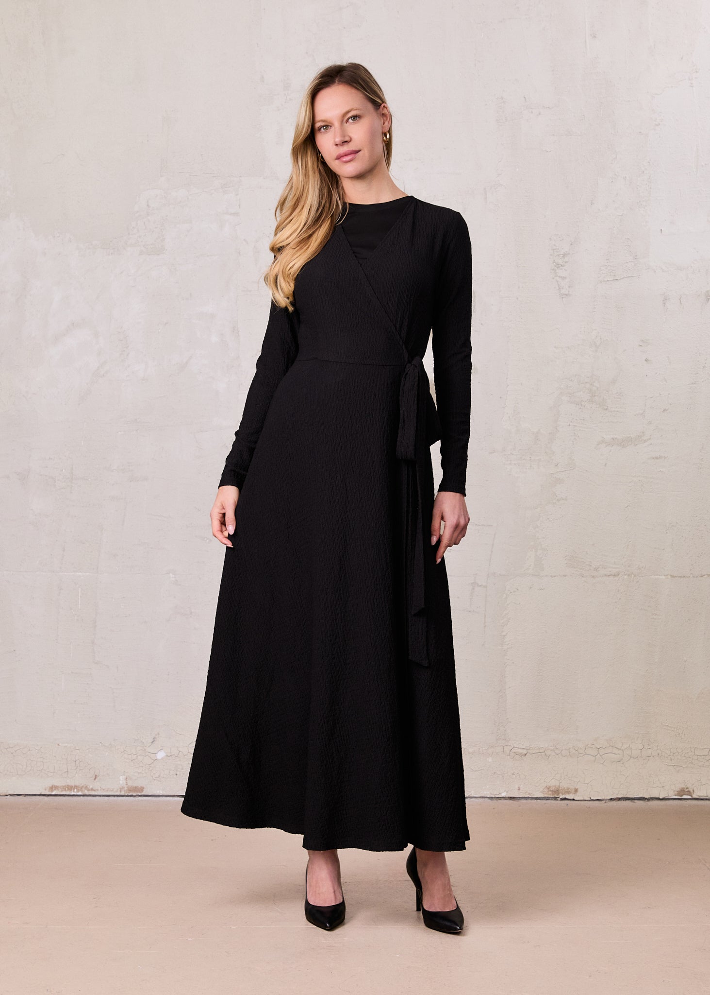 Textured Wrap Maxi Dress-Black