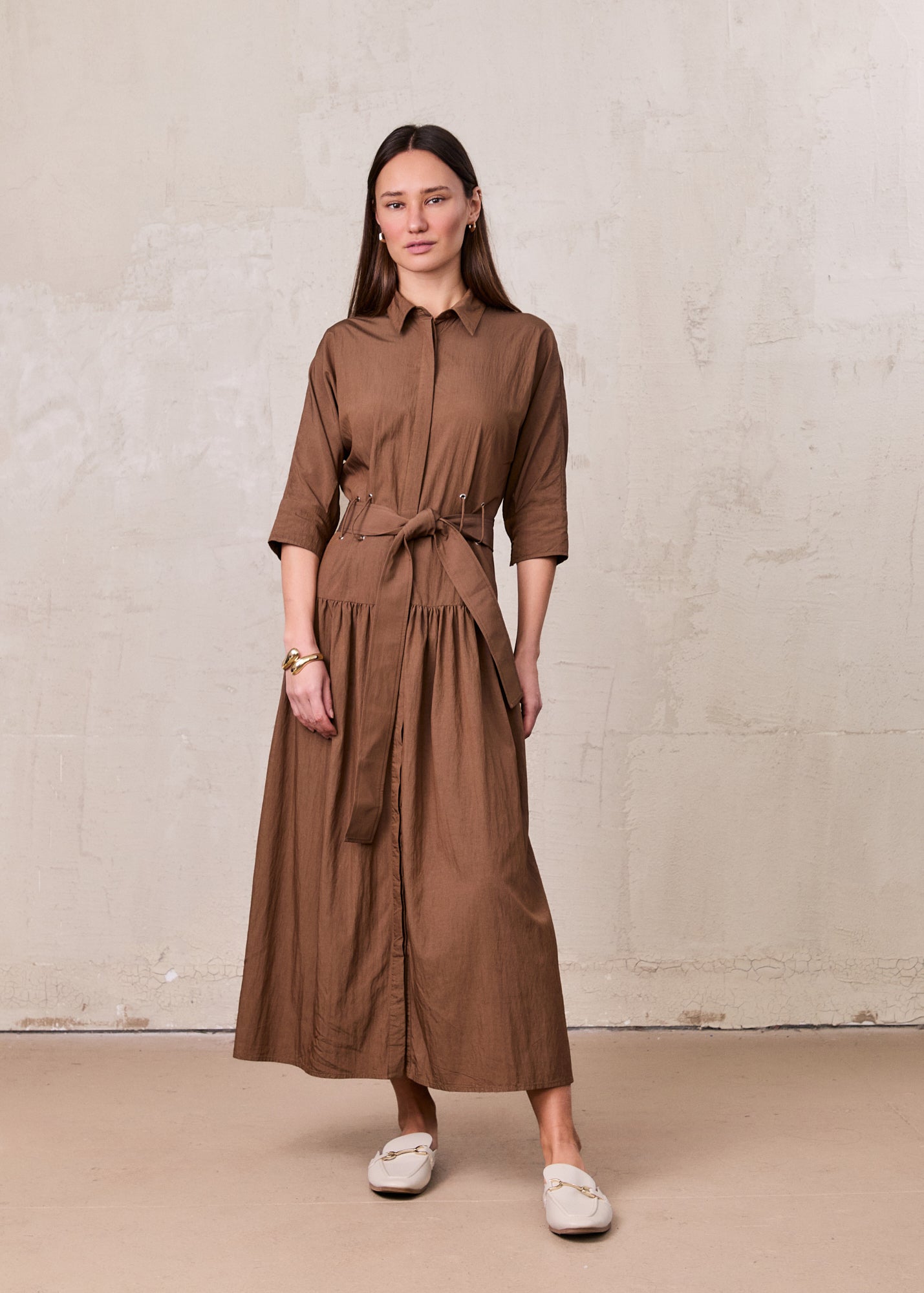 Cotton Yoke Gathered Dress-Brown