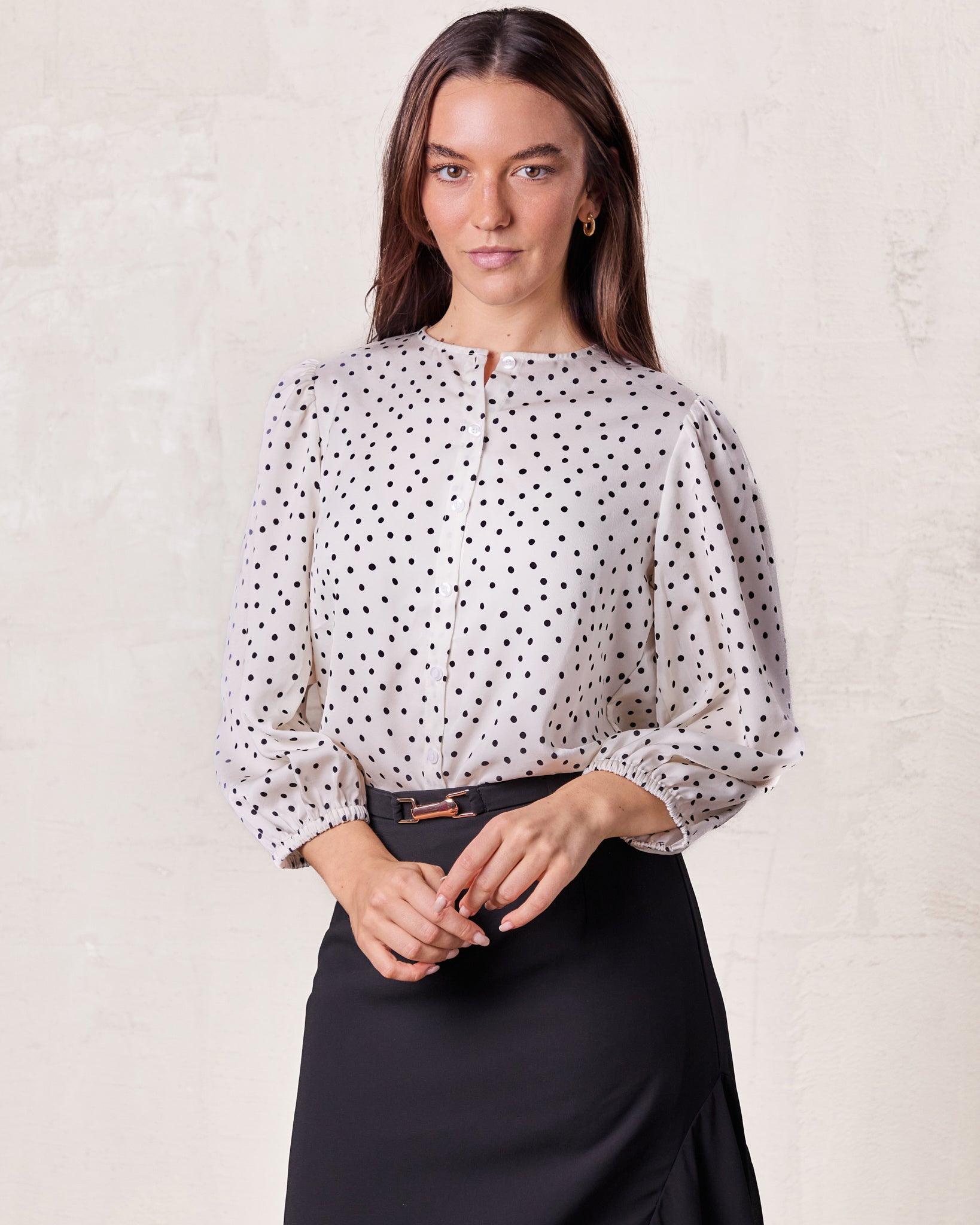 Puff Sleeve Button Down Blouse-Faux Satin Polka Dots