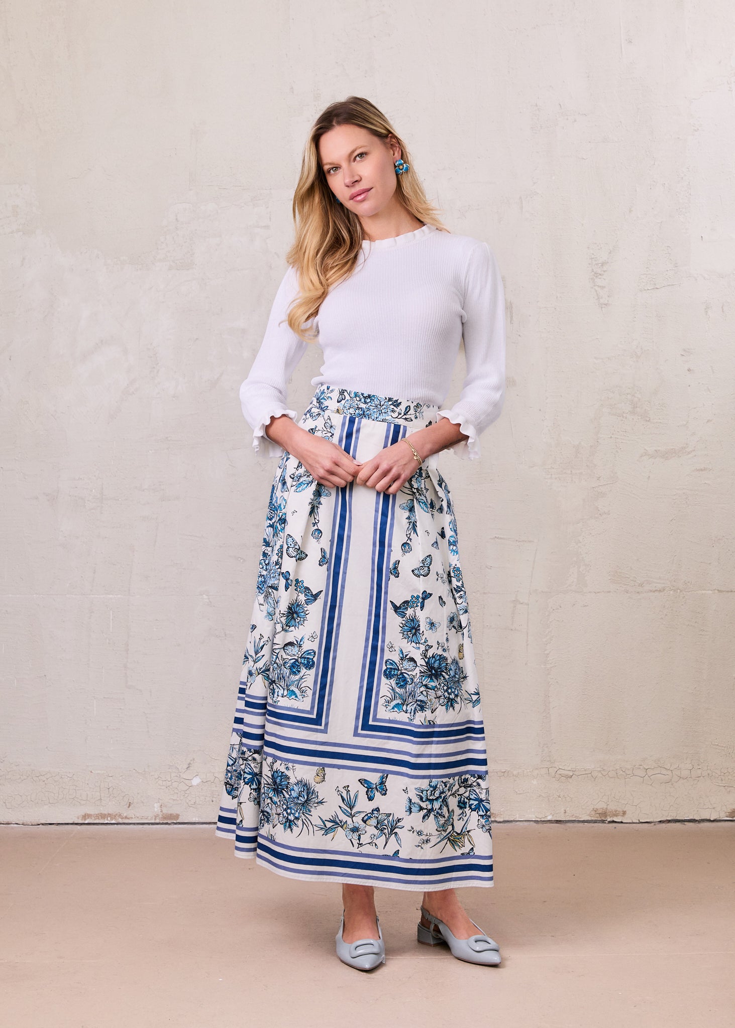 Printed Cotton Pleat Skirt-Navy/White