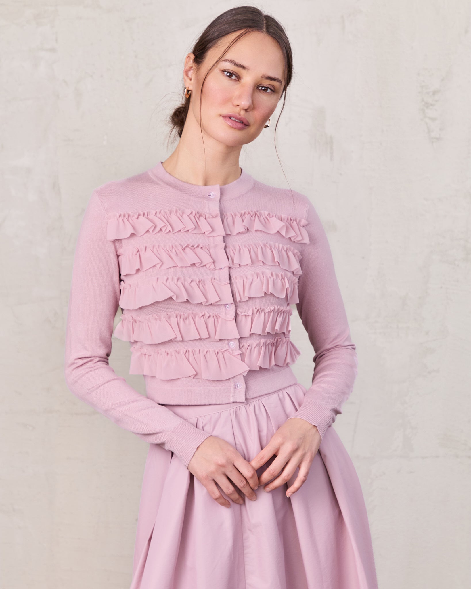 Ruffle Design Cardigan-Mauve