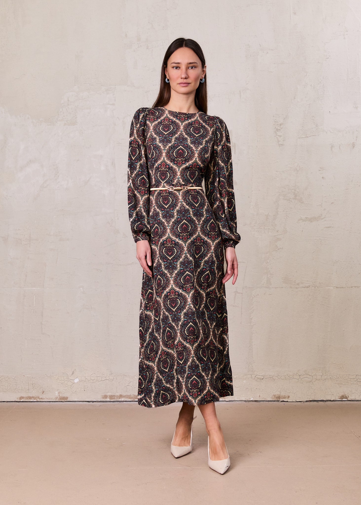 Belted Full Sleeve Dress-Medallion