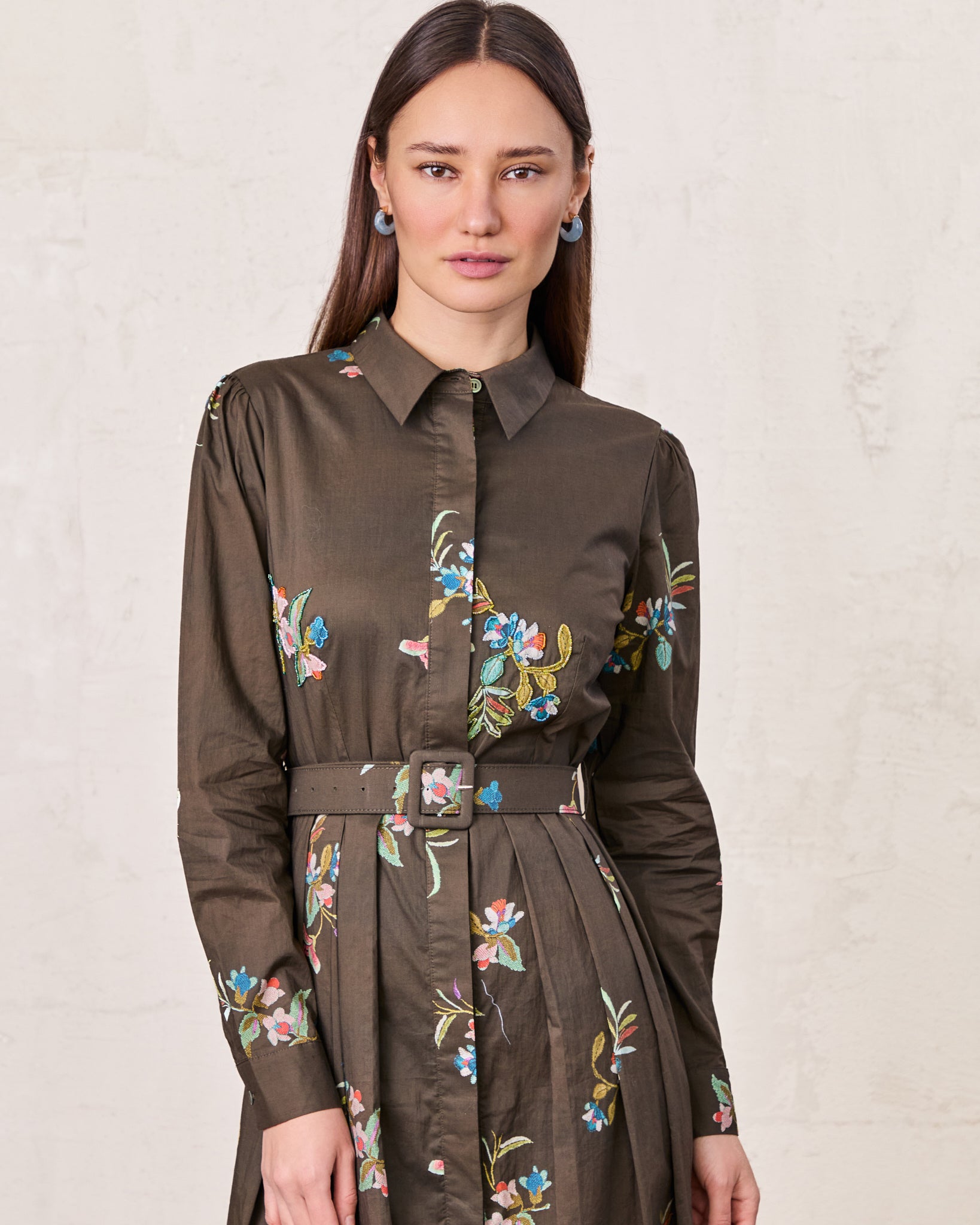 Belted Pleated Bottom Shirtdress-Beaded Floral