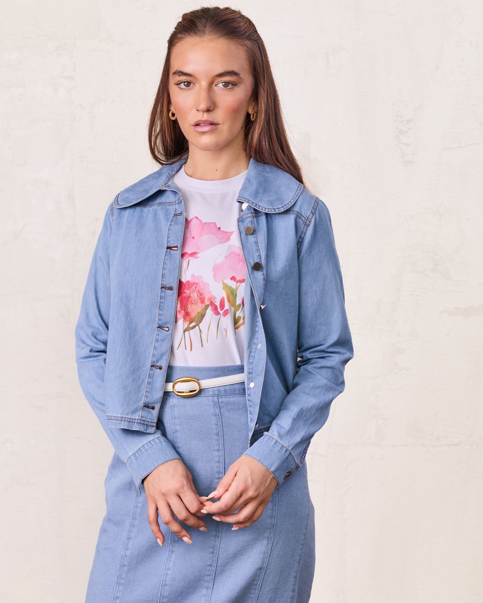Boxy Denim Collared Top-Light Blue