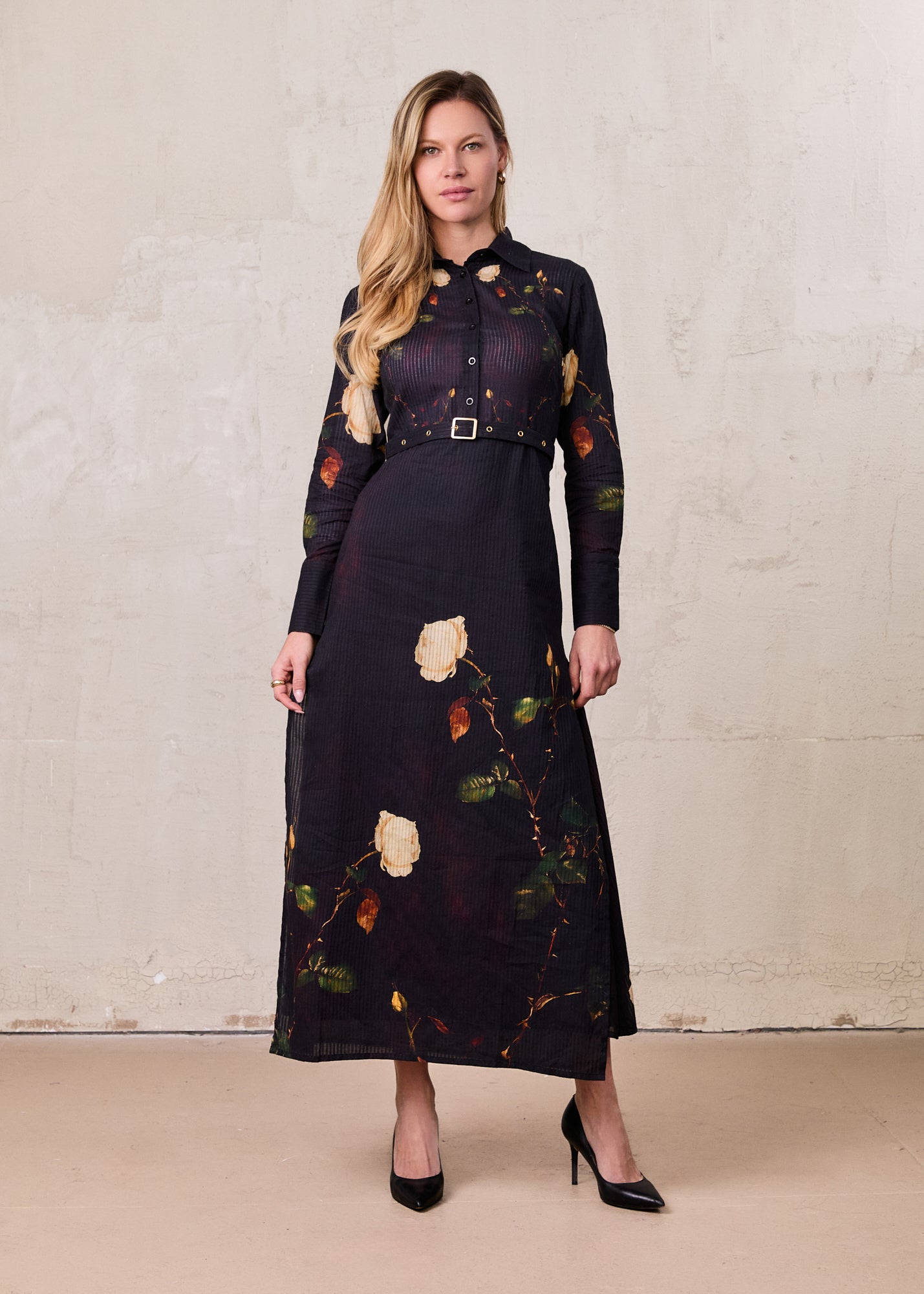 Lightweight Shirtdress-Black Floral
