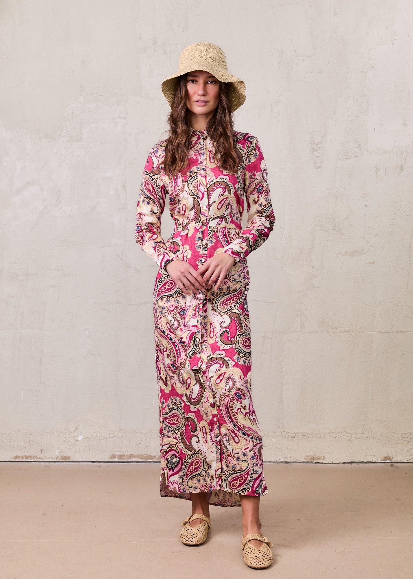 Long Button Down Shirtdress-Coral Paisley