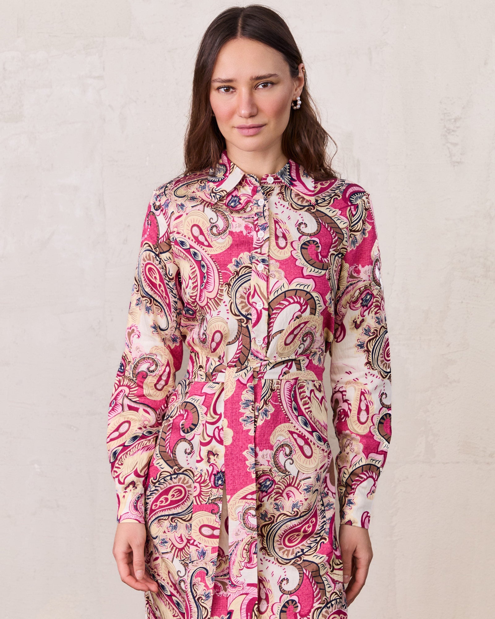 Long Button Down Shirtdress-Coral Paisley