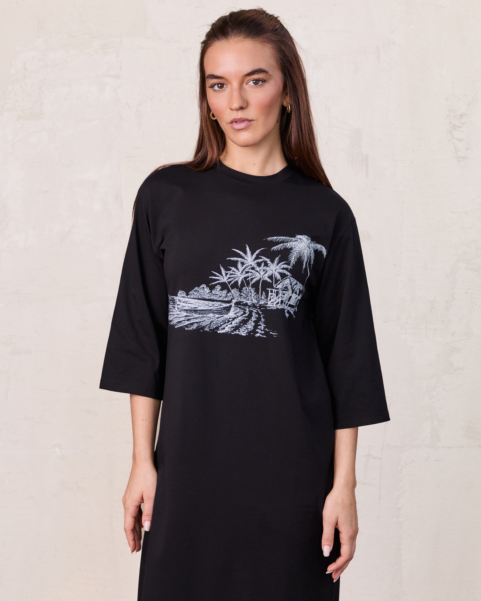 Maxi T-Shirt Dress-Black/White Palm