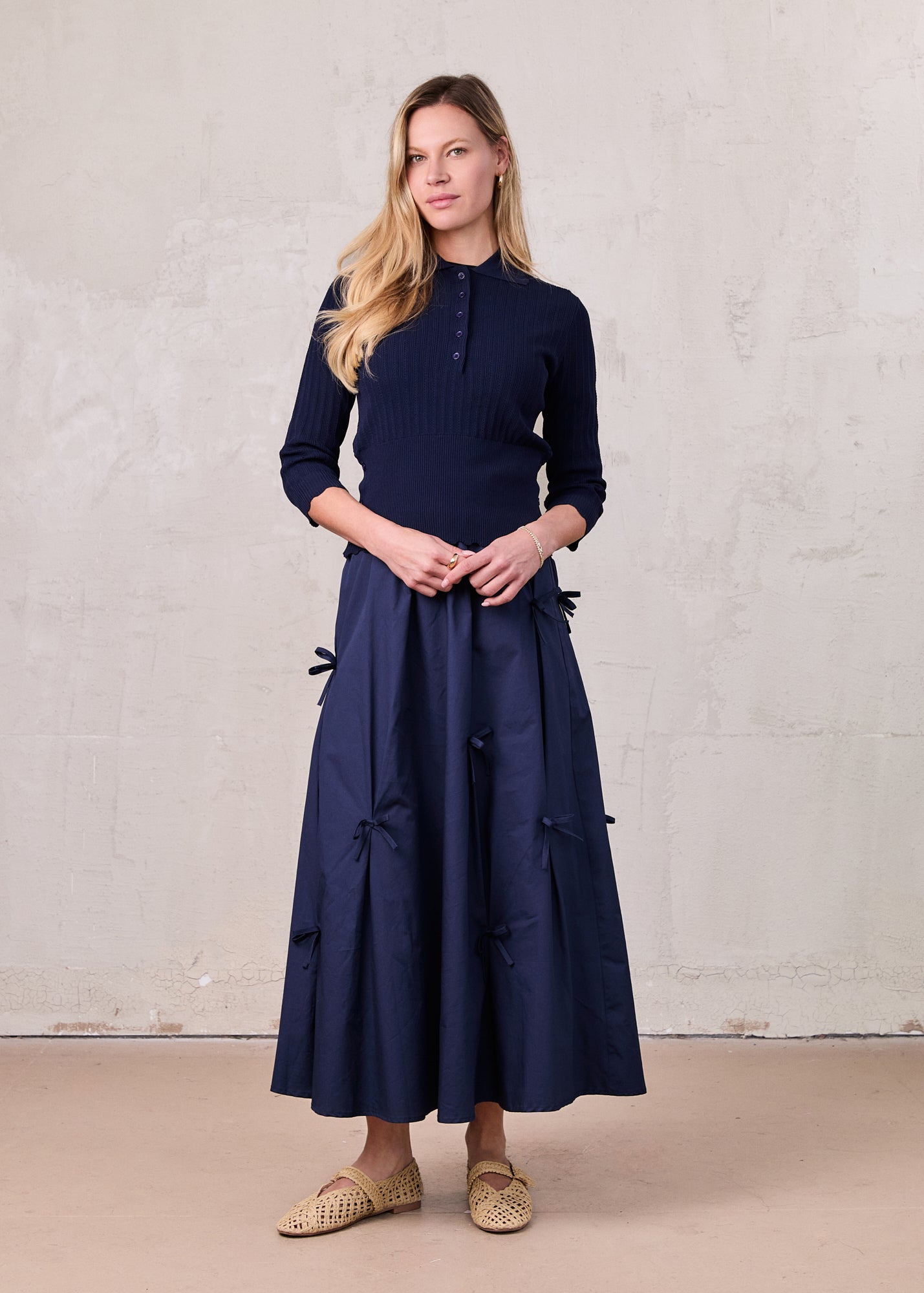 Wide Band Pointelle Sweater-Navy