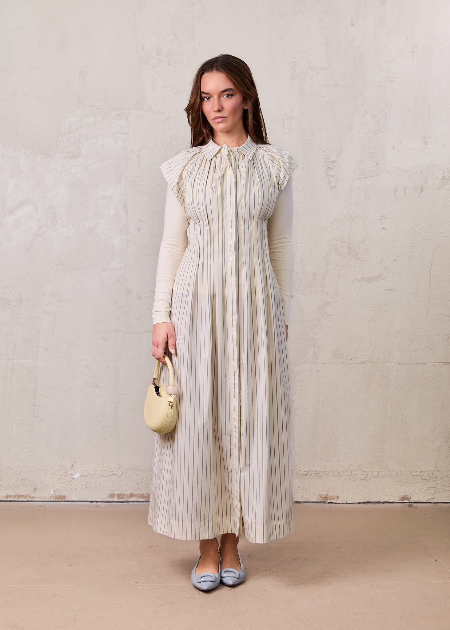 Pleat Front Button Down Dress-Pinstripe