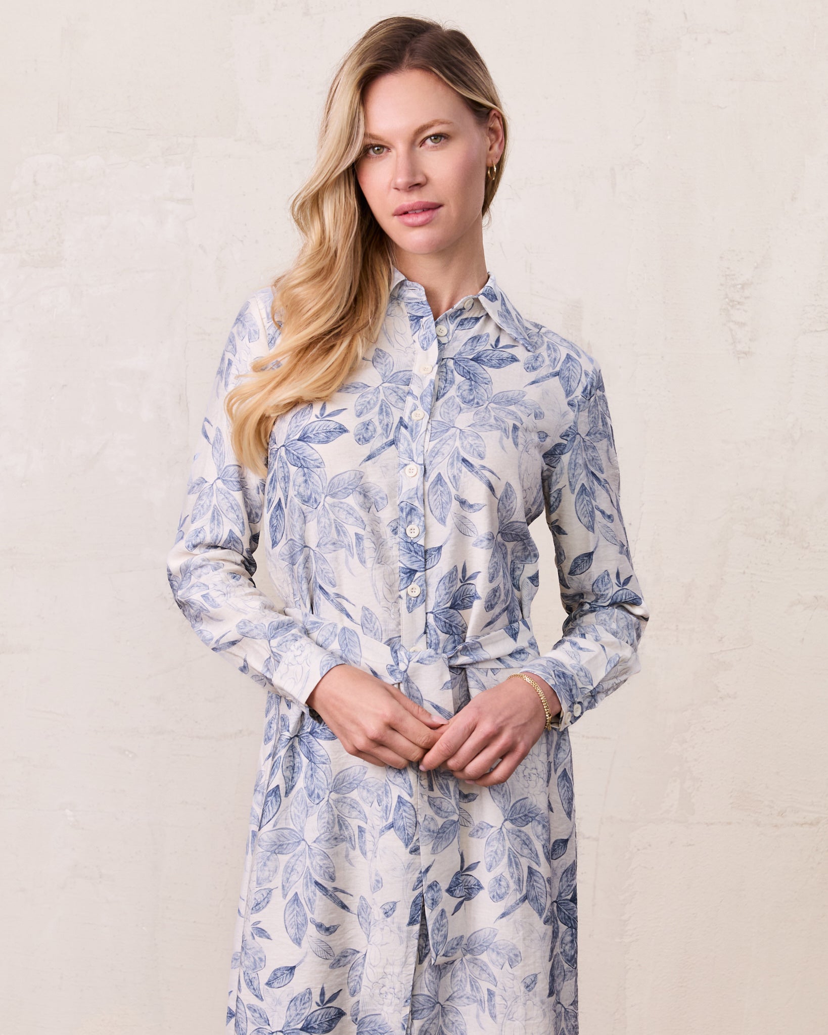 Long Button Down Shirtdress-Blue Leaves