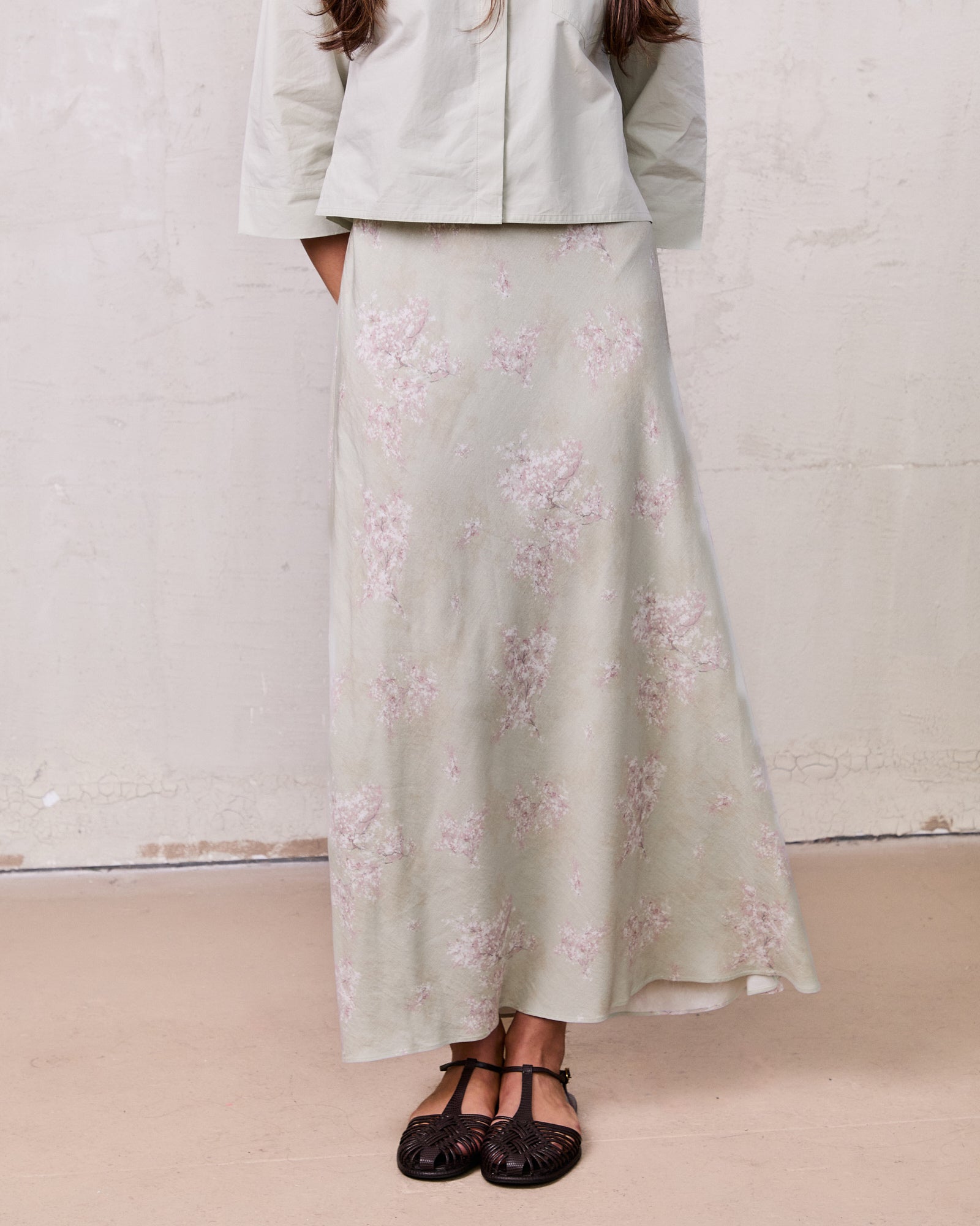 Printed Linen Blend Slip Skirt-Soft Floral