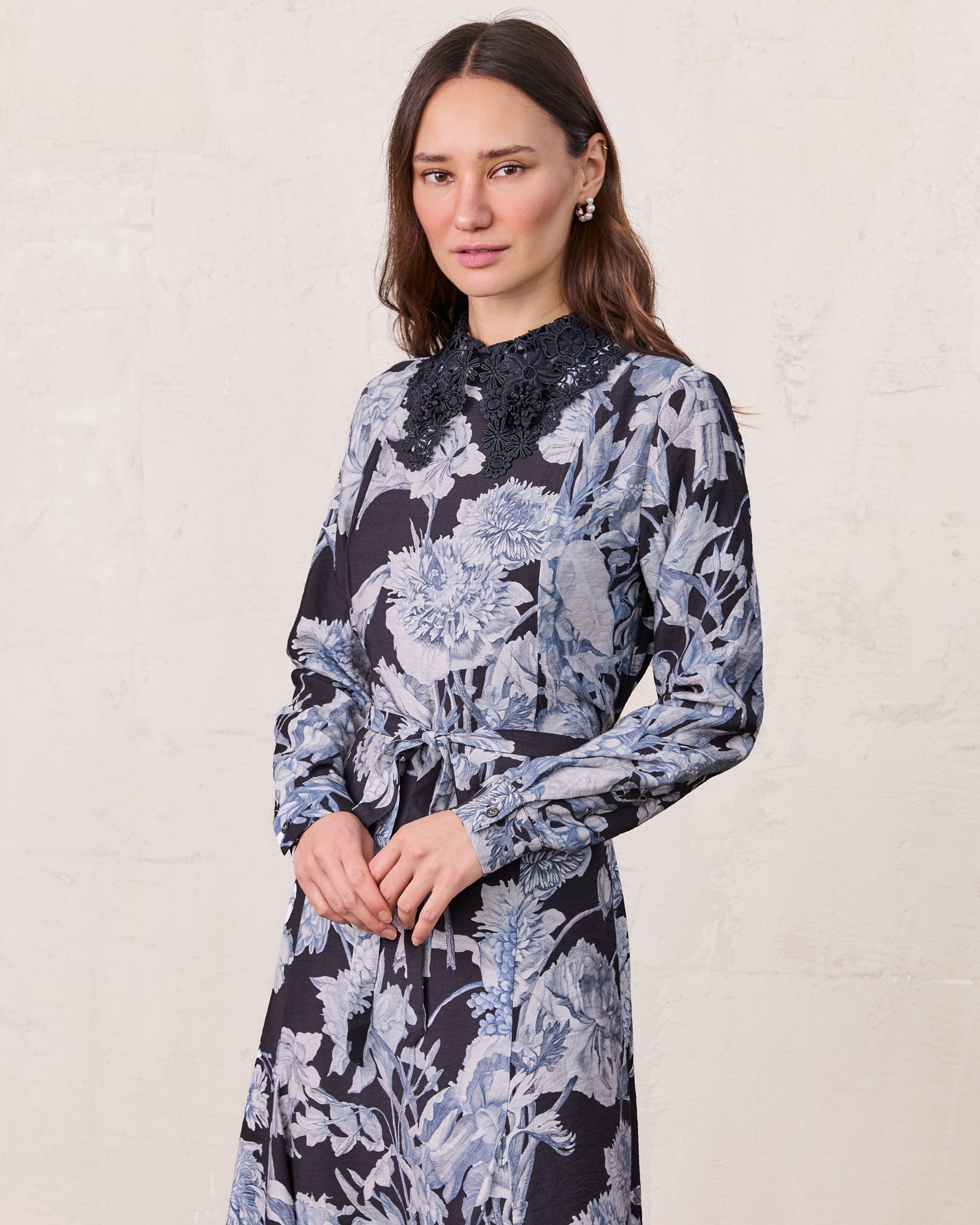 Lace Collar Princess A-Line Dress-Blue Floral