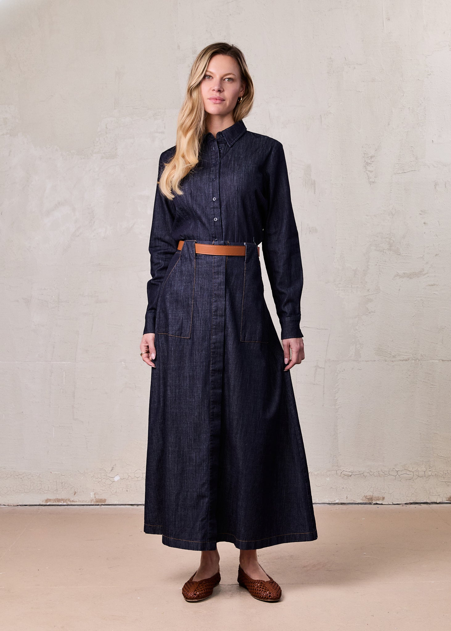 Front Panel Pocket Lightweight Denim Skirt-Dark Blue