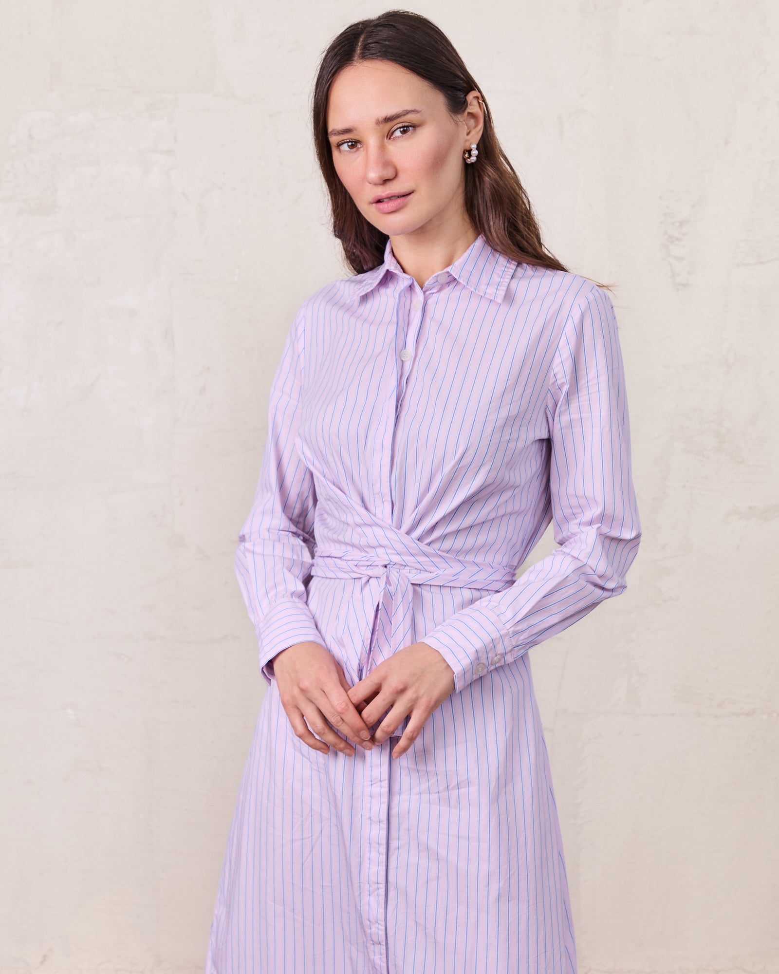 Pinstripe Tie Front Shirtdress-Pink Stripe