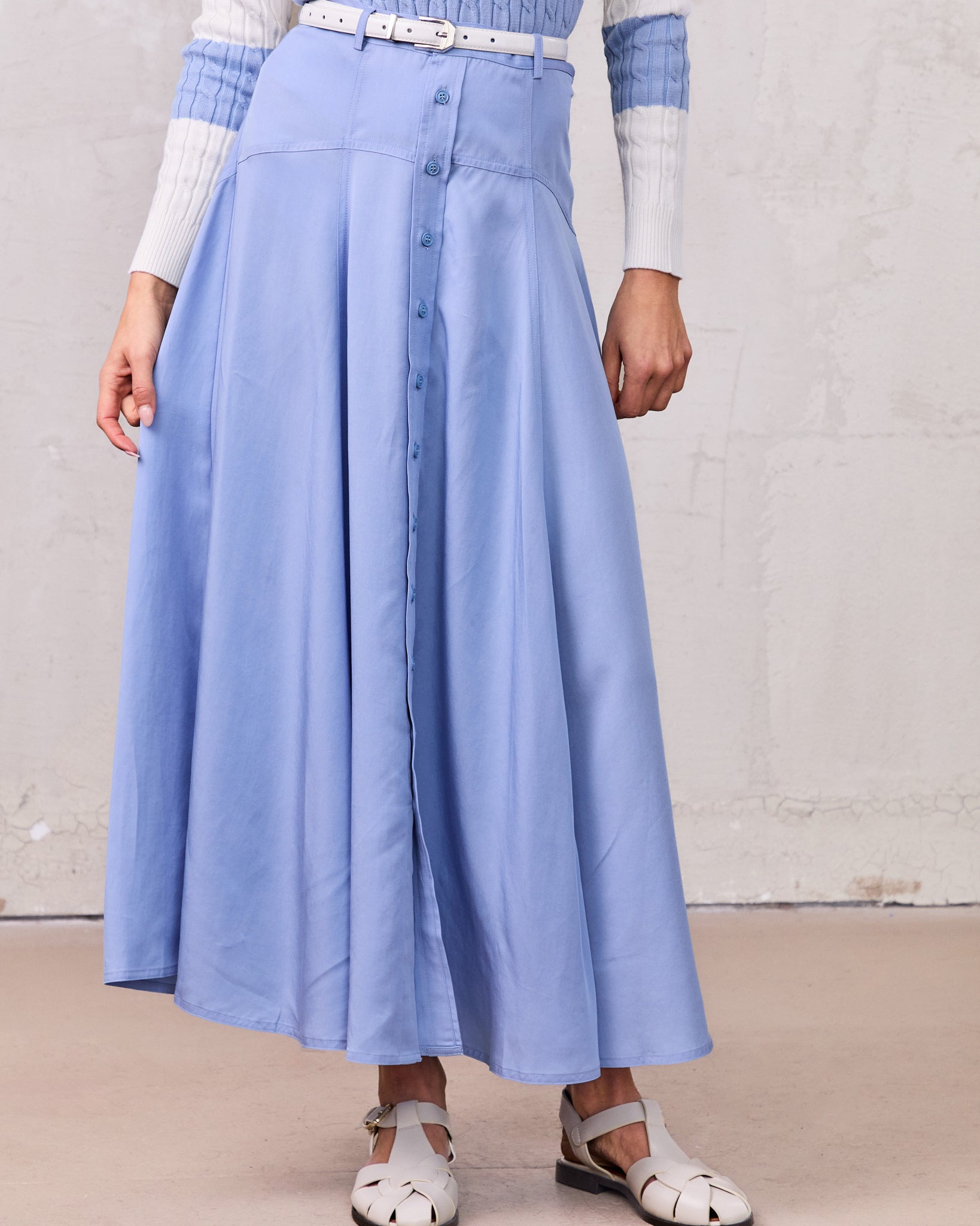 Tencel Yoke Button Down Skirt-Periwinkle Blue