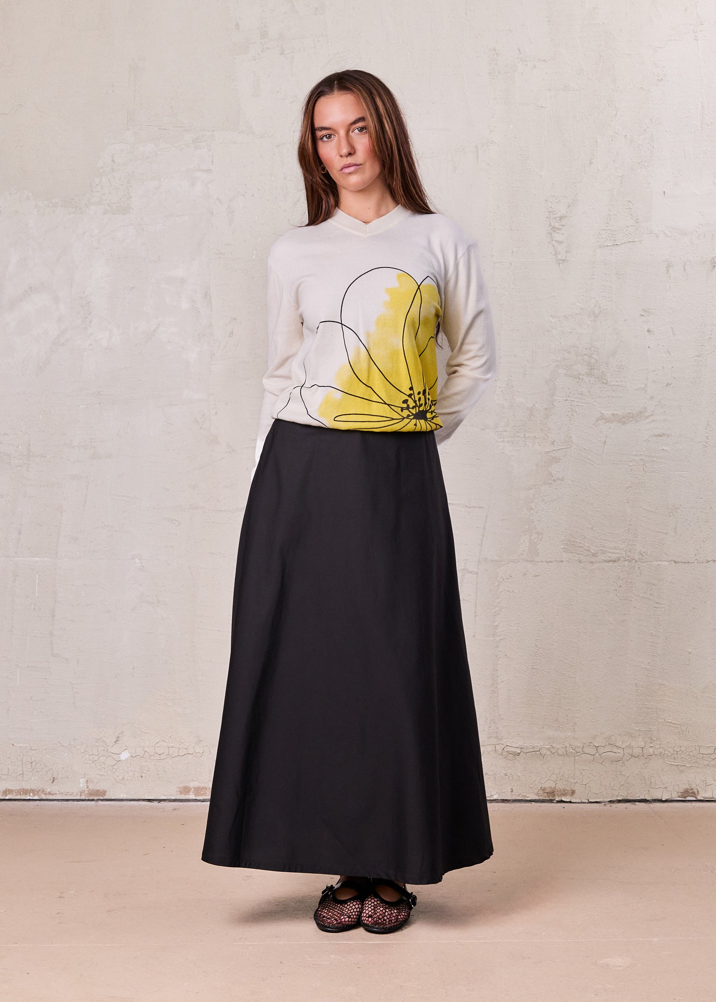 Elastic Back Maxi Cotton Blend Skirt-Black