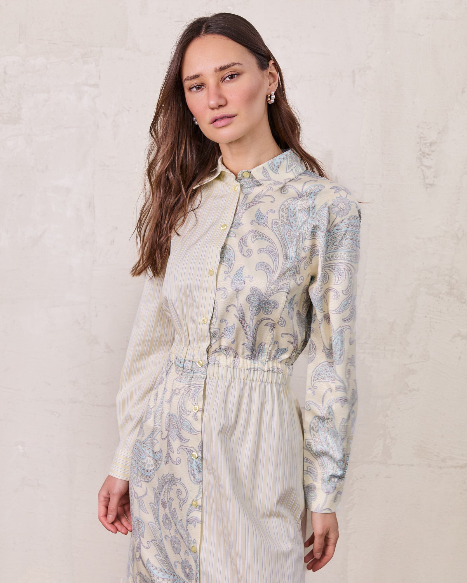 Elastic Waist Shirtdress-Mixed Floral and Stripe