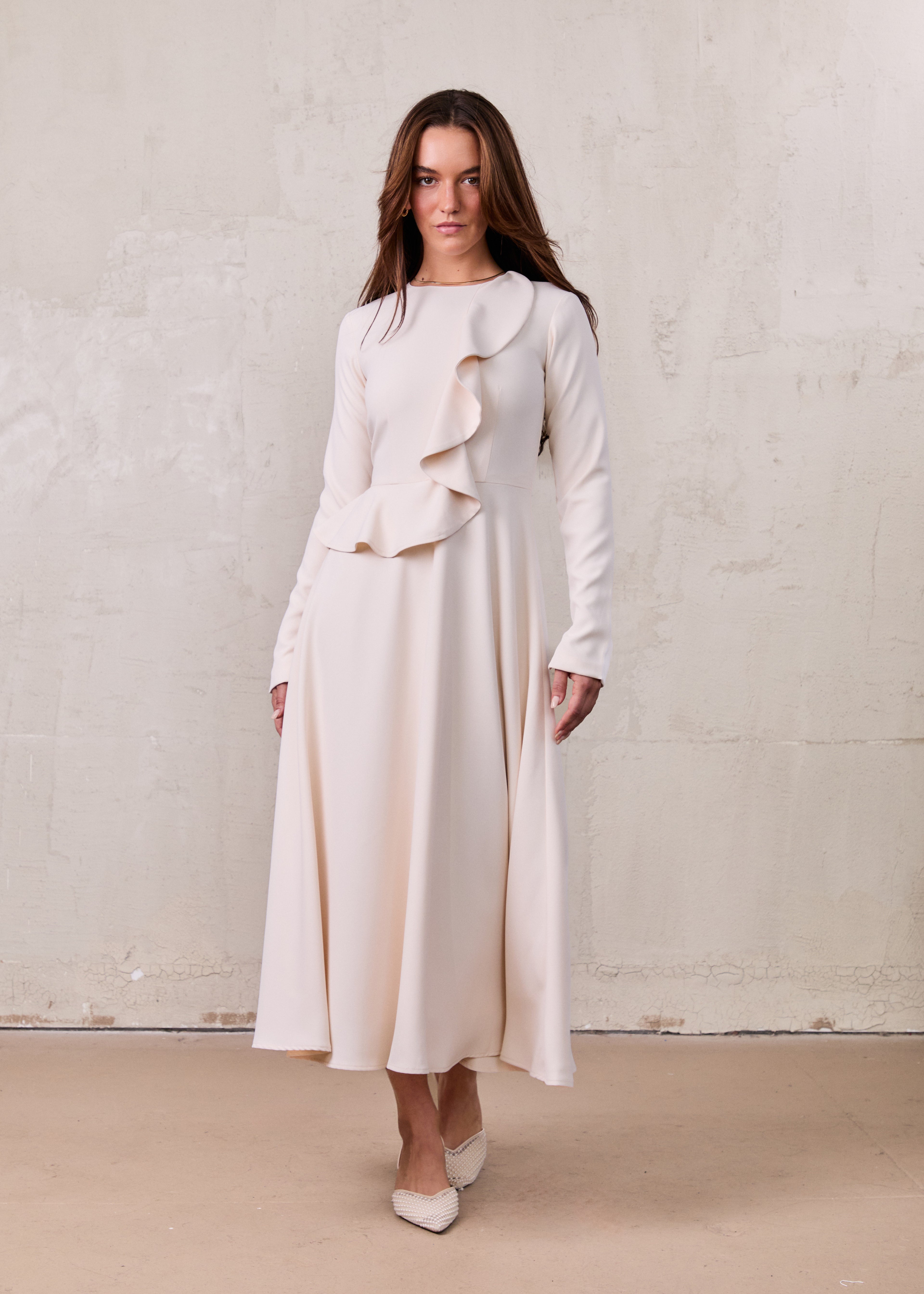 Waist Ruffle Dress-Cream