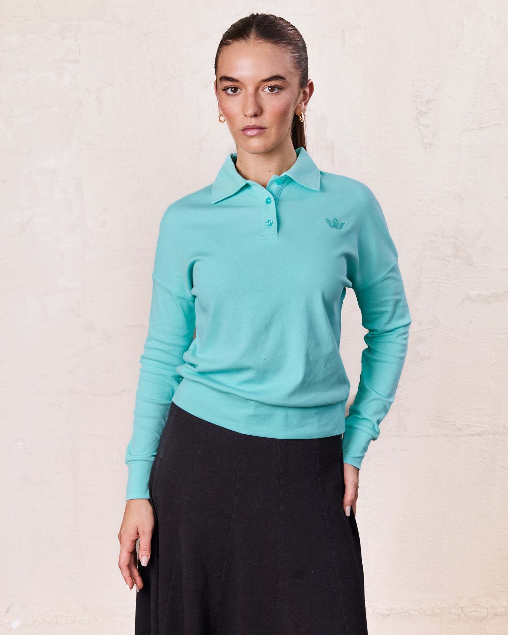 Collared Bomber Tee-Aqua