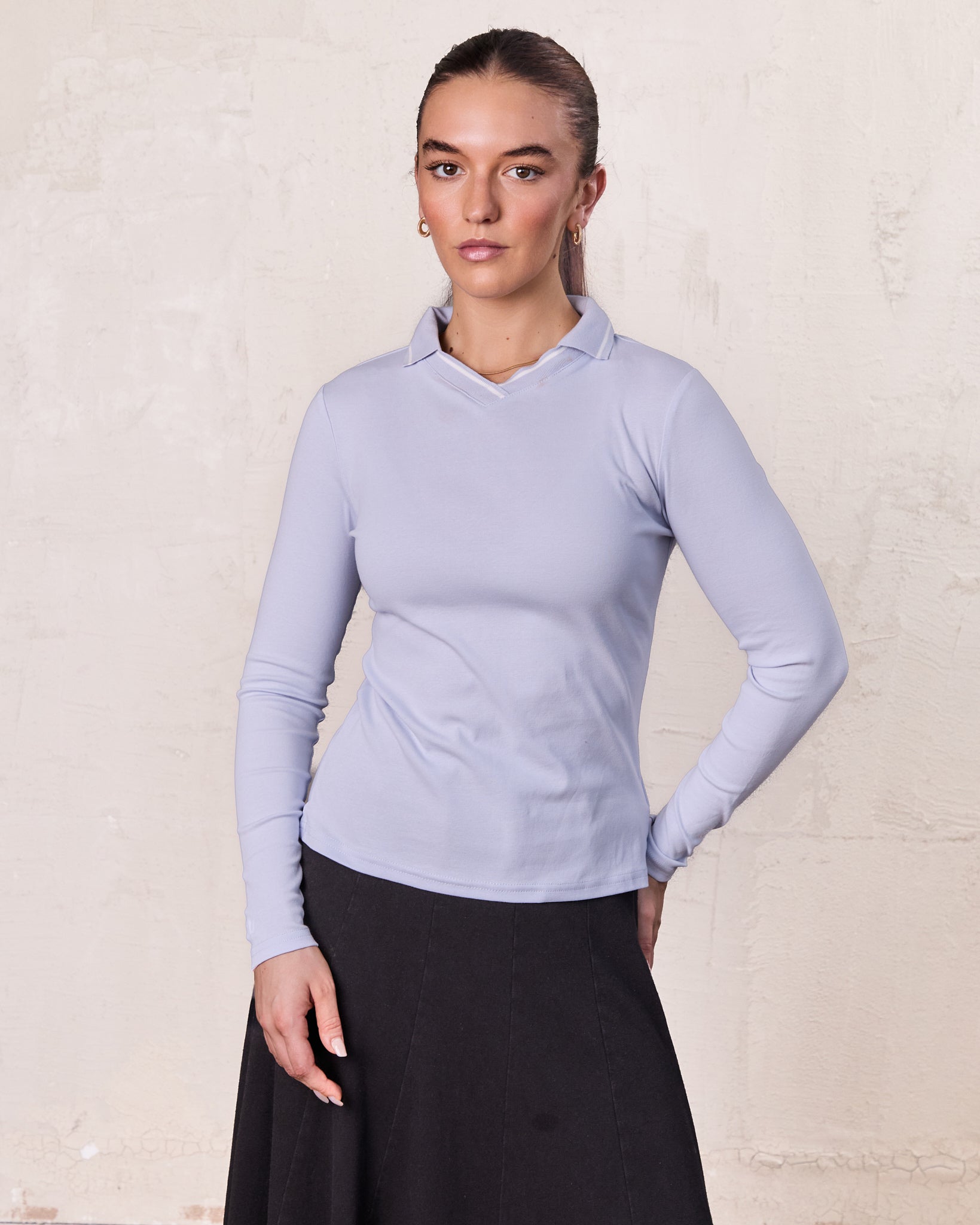 Collared High V T-Shirt-Light Blue