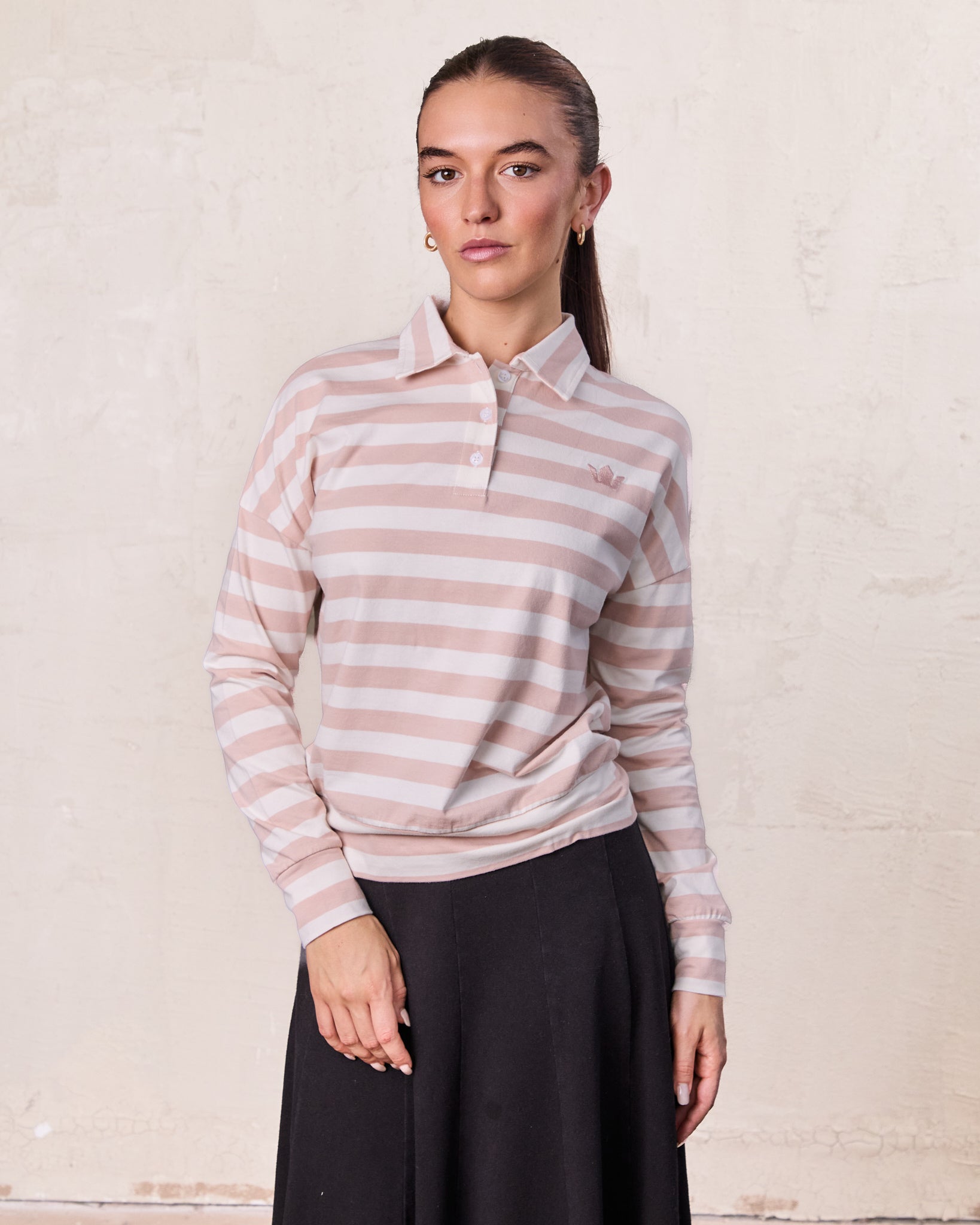 Striped Collar Bomber Tee-Tan/White