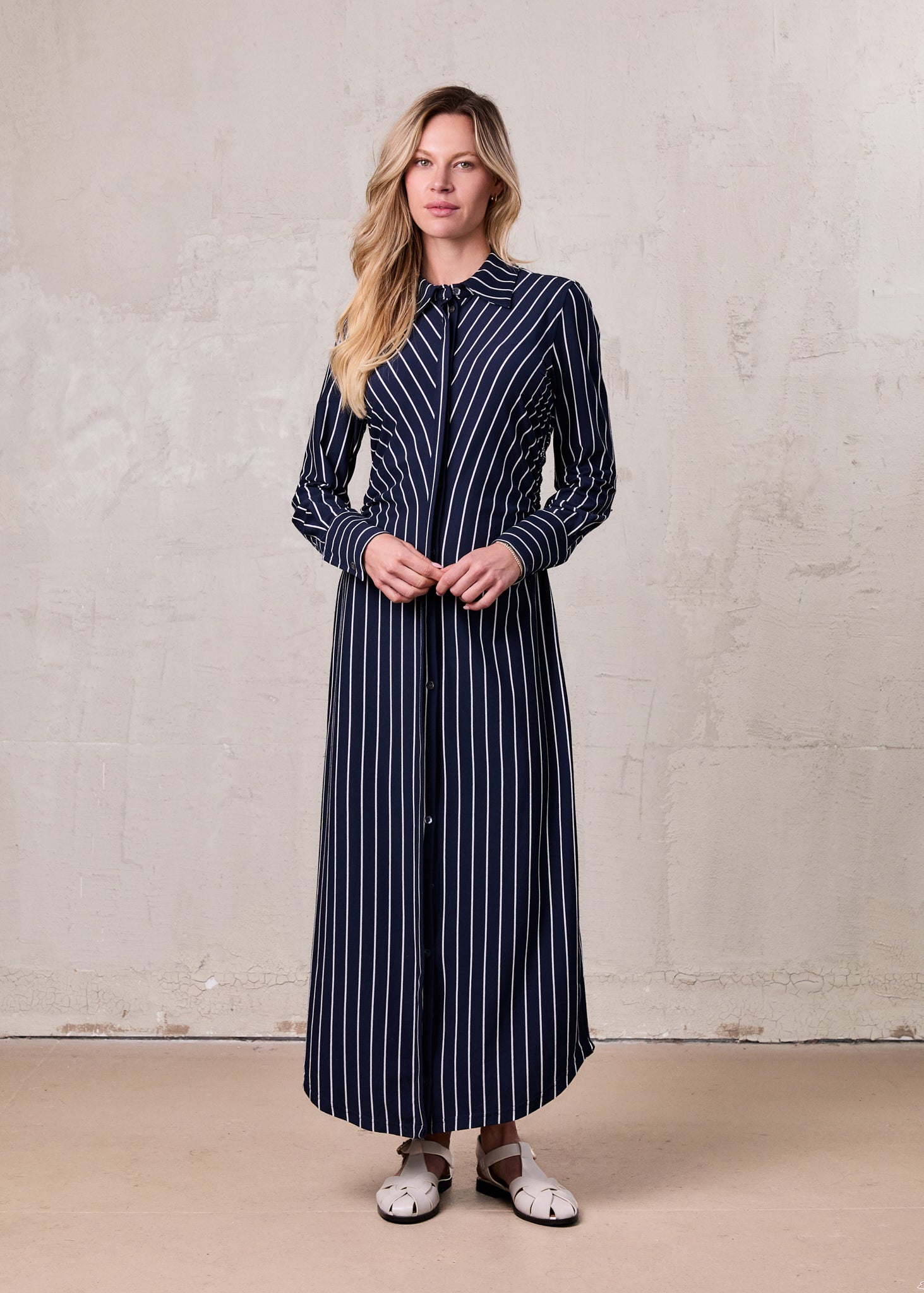 Side Shirred T-shirt Dress-Navy/White