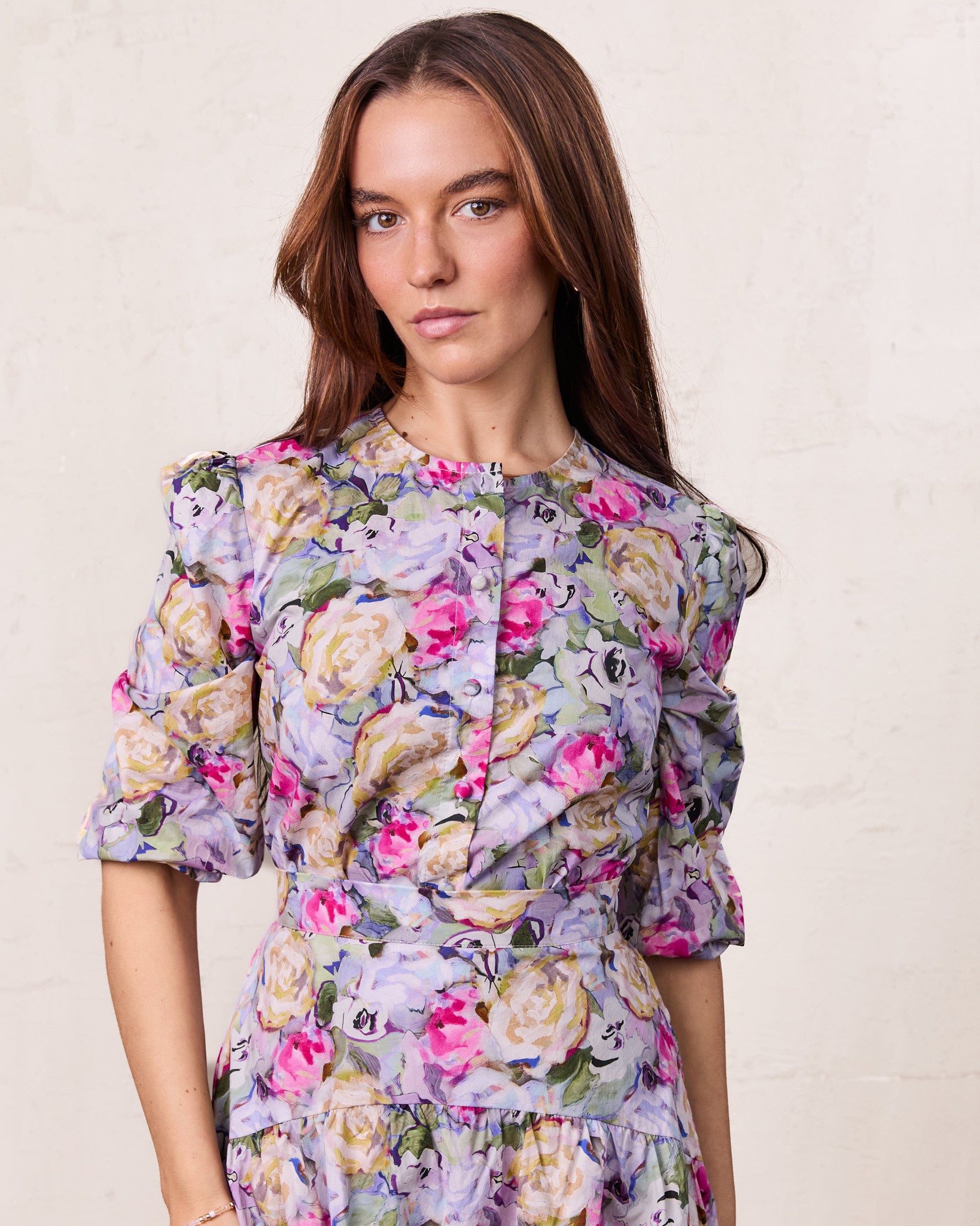 Crew Neck Button Down Blouse-Pink/Purple