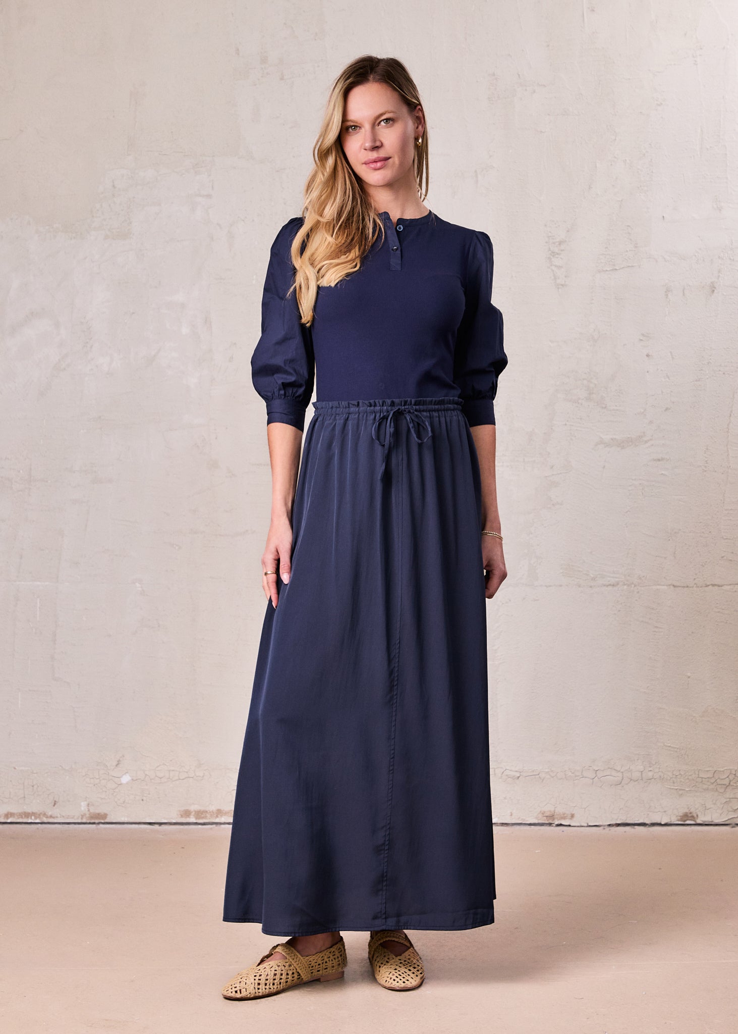 Puff Sleeve Ribbed T-Shirt-Navy