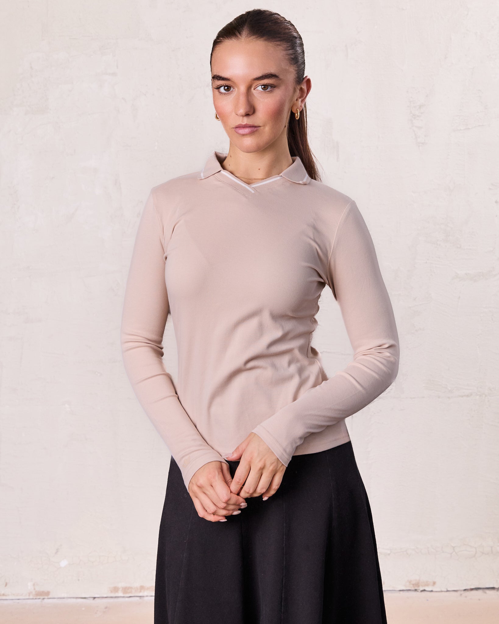 Collared High V T-Shirt-Bone