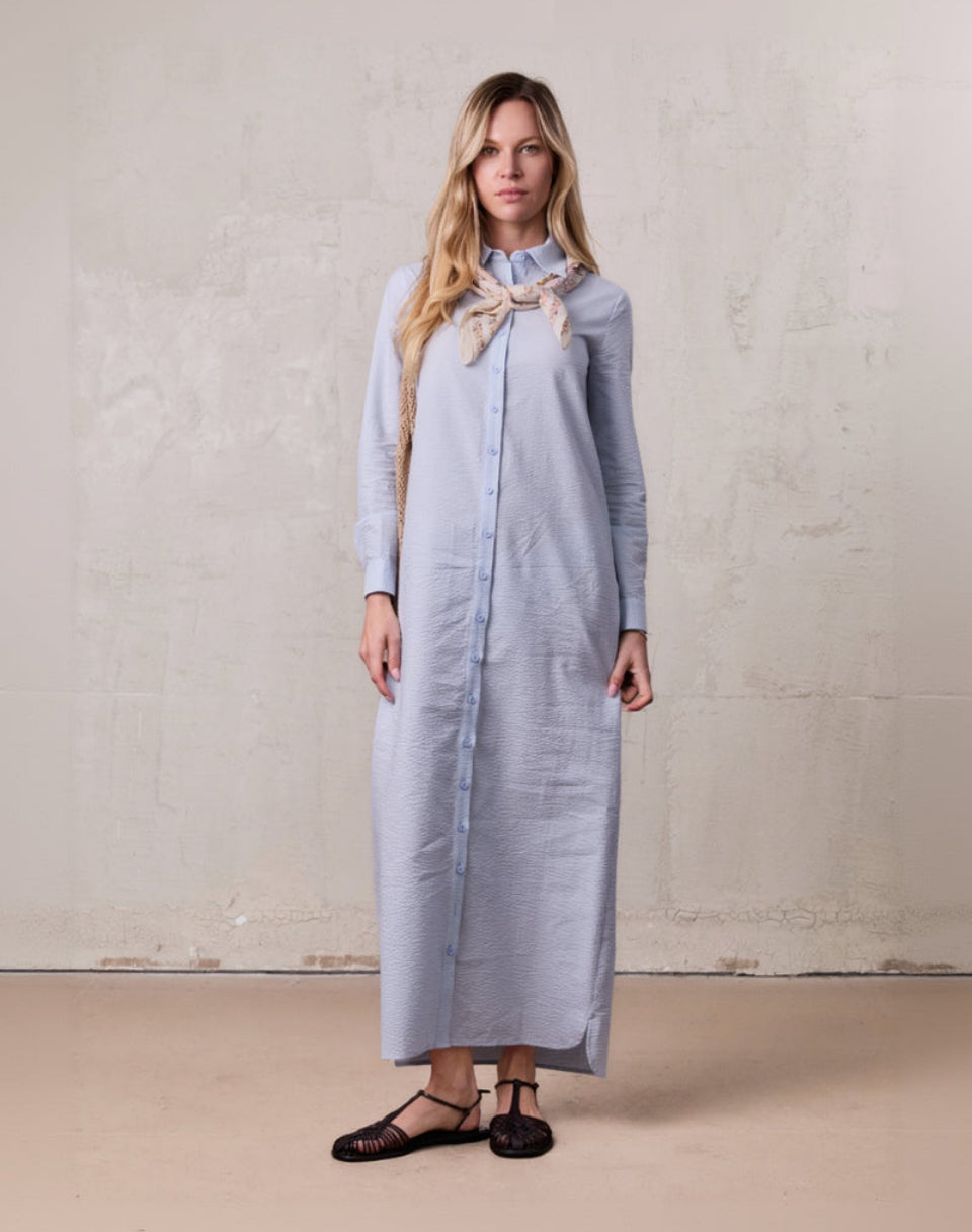 Long Button Down Shirtdress-Light Blue
