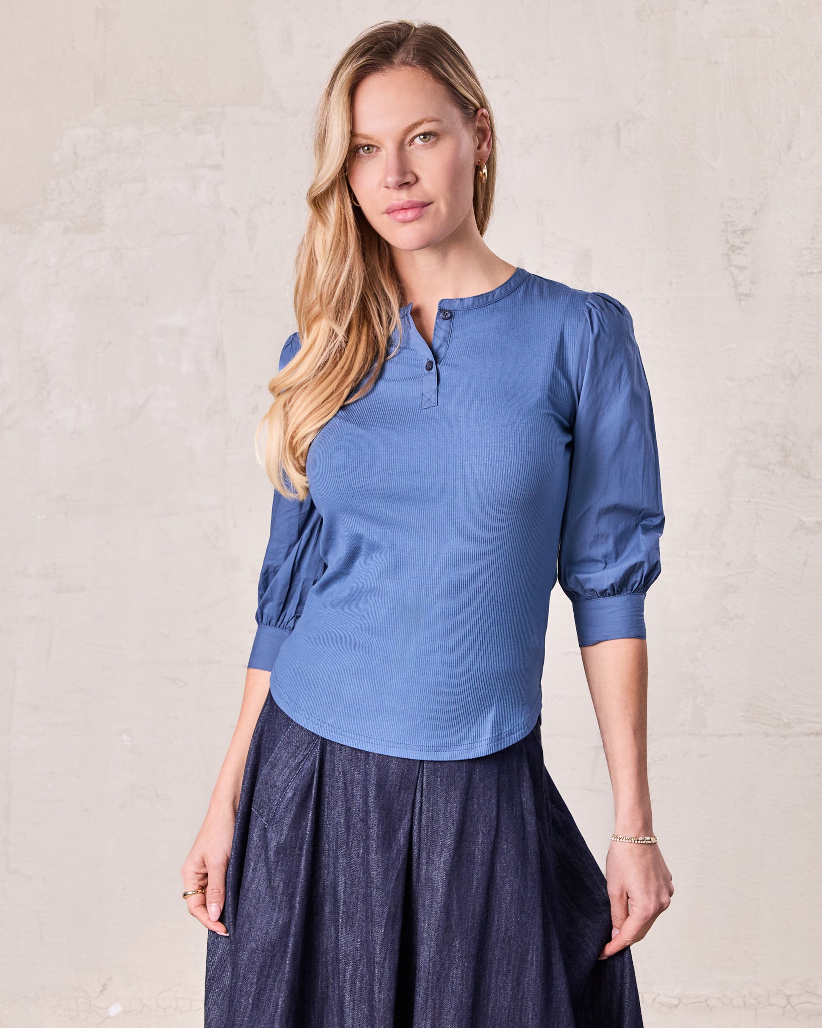 Puff Sleeve Ribbed T-Shirt-Dark Blue