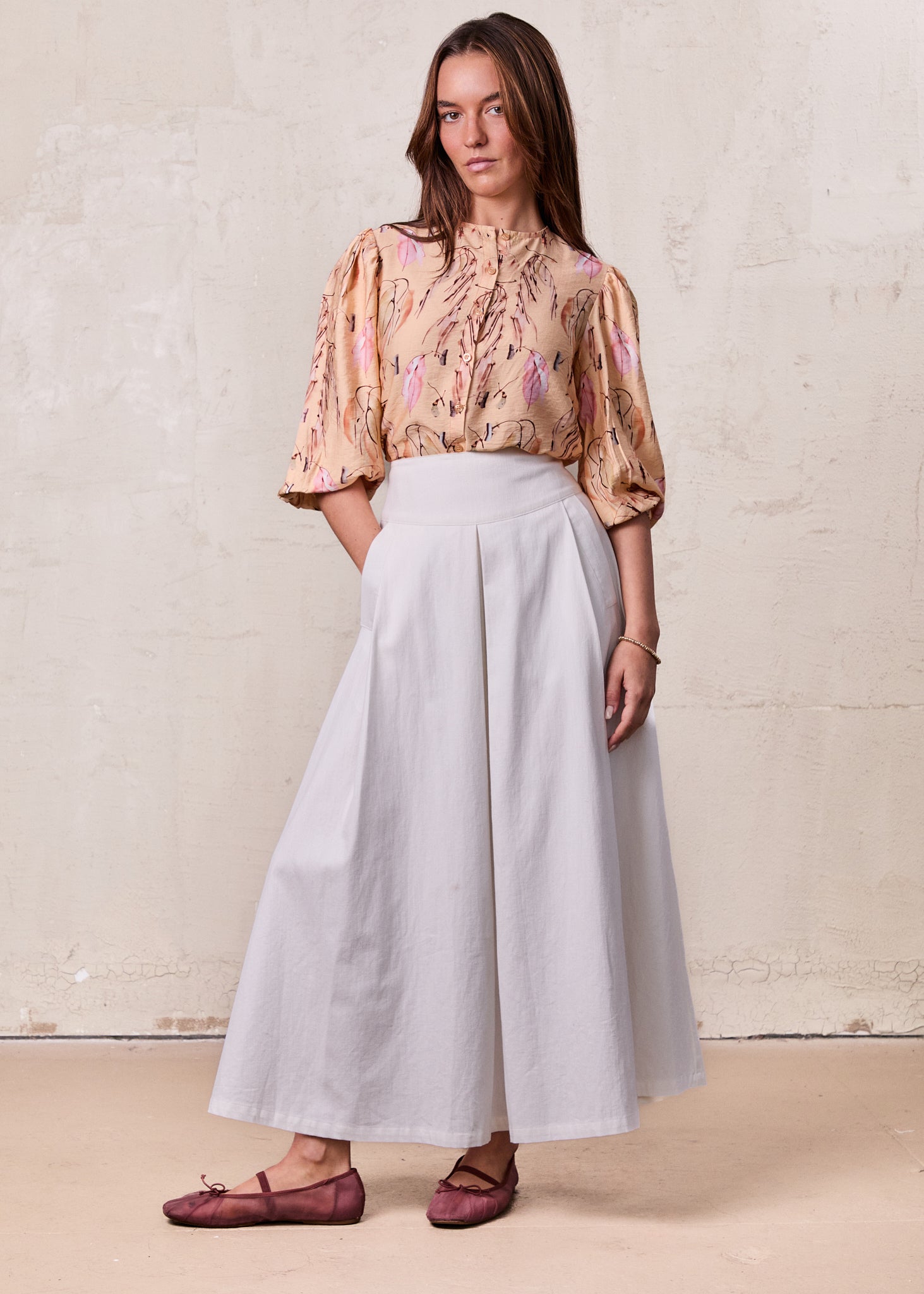 Puff Sleeve Button Down Blouse-Peach Feathers