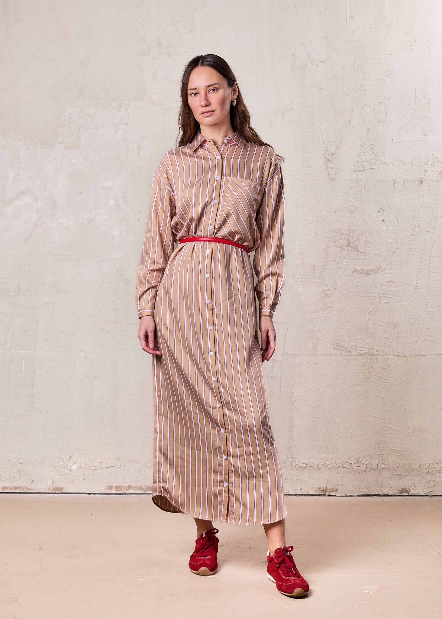 Oversized Shirtdress-Camel/White