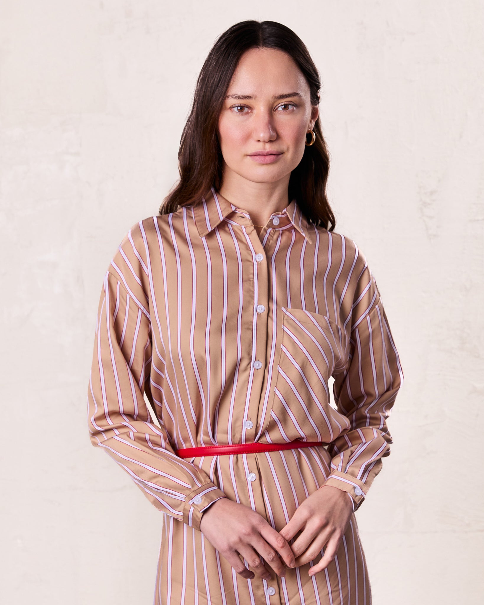 Oversized Shirtdress-Camel/White