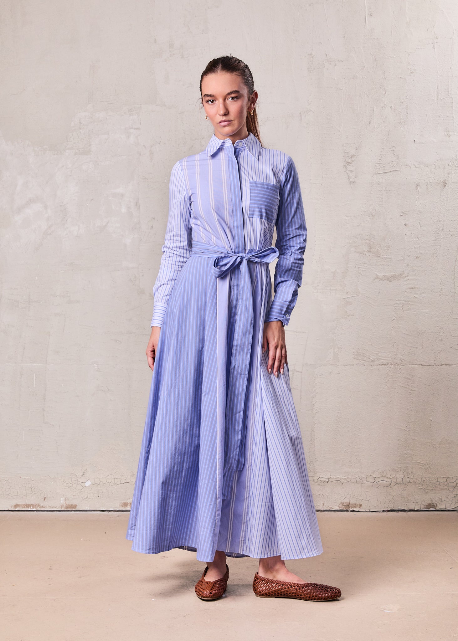 Mixed Pinstripe Belted Shirtdress-Blue