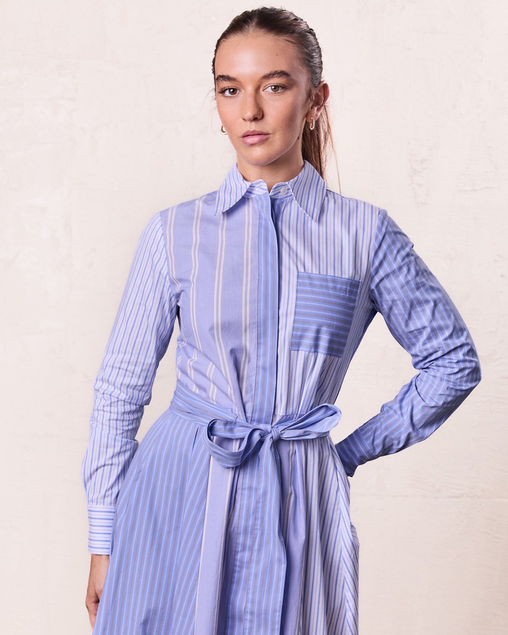 Mixed Pinstripe Belted Shirtdress-Blue