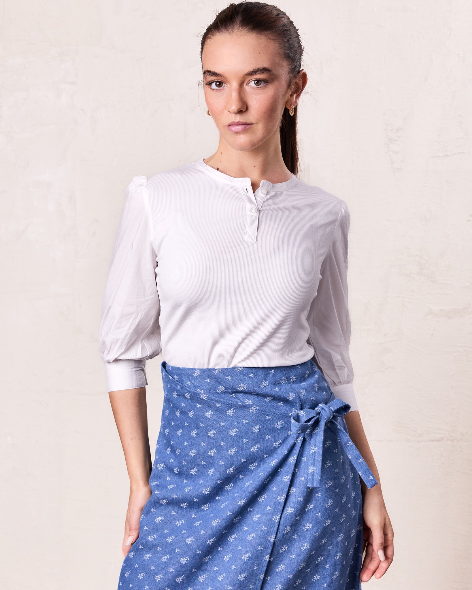 Puff Sleeve Ribbed T-Shirt-White