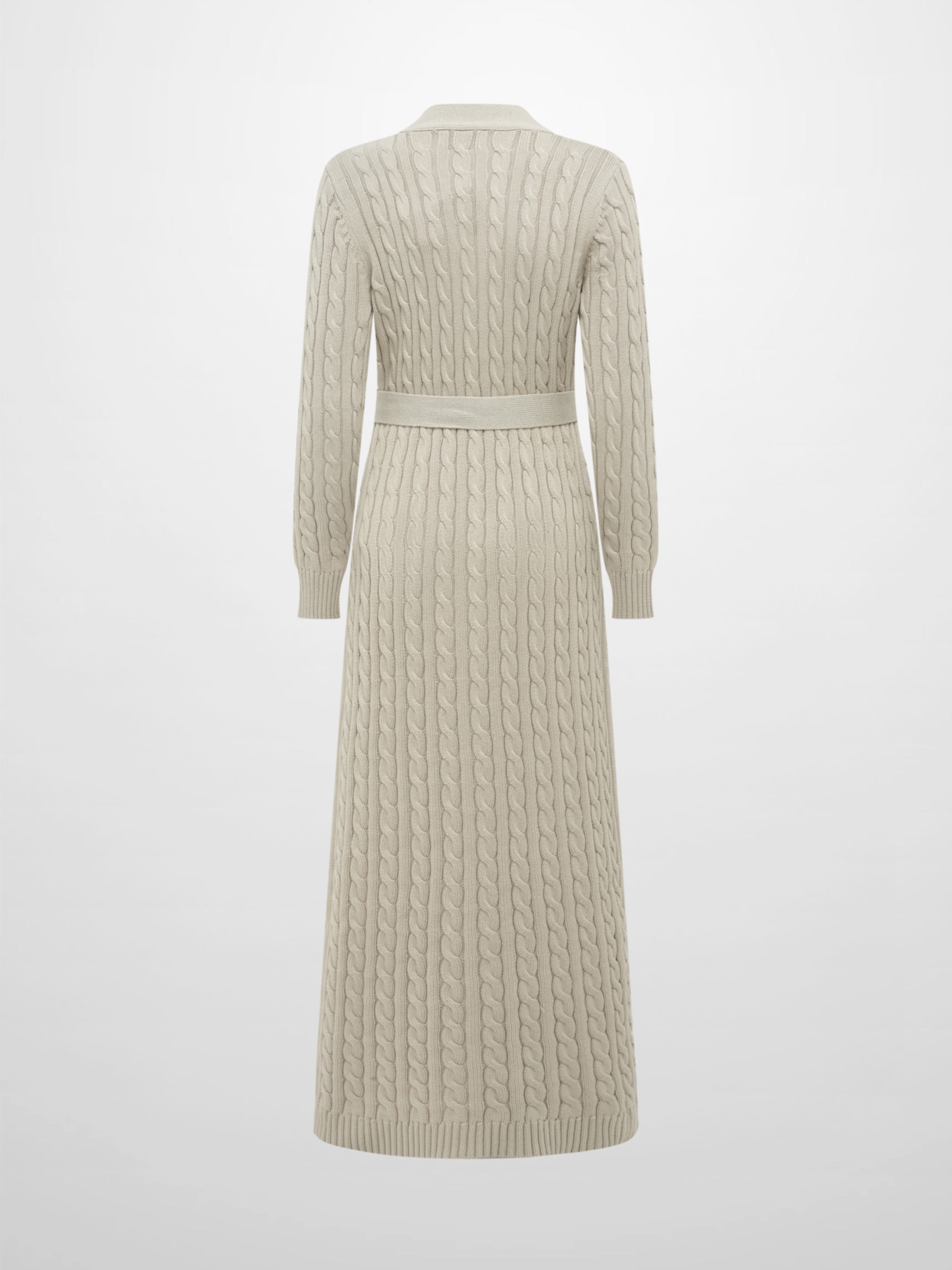 Cable Belted Long Sweater Dress - Tan
